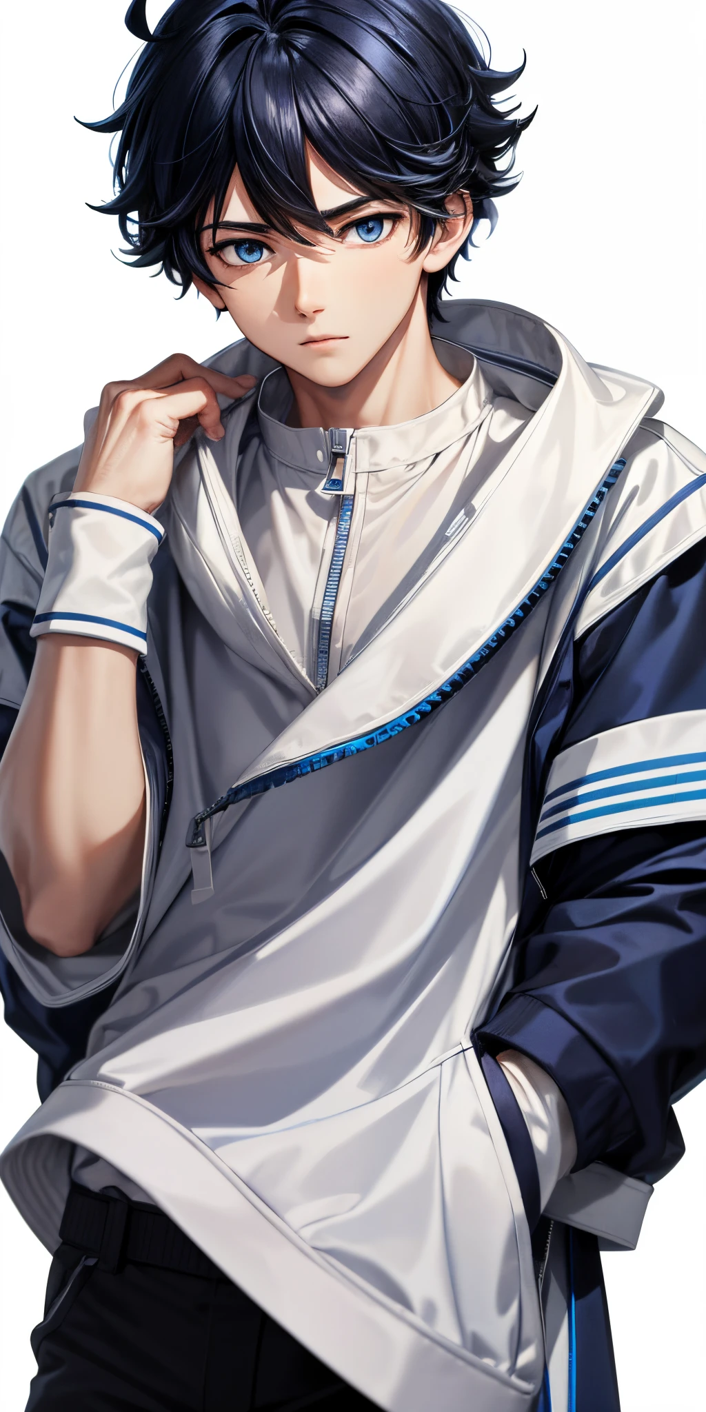 (masterpiece:1.2), best quality, 8K, HDR, solo, 1boy, black hair, male focus, blue eyes, ahoge, outdoors, sleeves rolled up, zipper, blue track jacket, (White background Solid white background:1.5)