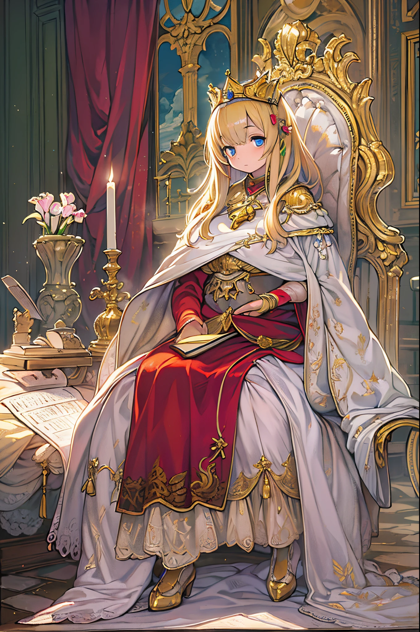 (masutepiece: 1.2, Best Quality), Realistic, (Realistic image, intricate-detail, depth of fields), Best Quality, masutepiece, Highly detailed, semi - realistic, 1 girl, maturefemale, 21 years old, a blond, Shoulder length shorthair, Left eye covered with hair, Blue eyes, King's clothes, red cloak, slim figure, Crown made of precious gold, Reading Documents, Marking documents, Goose Hair Pen, Office Table, Soft bench, palatial palace, in the palace, During the Middle Ages