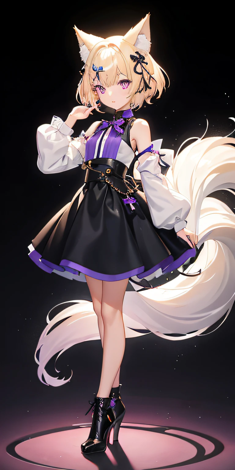 1 girl in、Sparse blonde hair、a purple eye、masks、light particules、the wallpaper、A slender one、short detailed hair、high heels boots。Nine fox tails