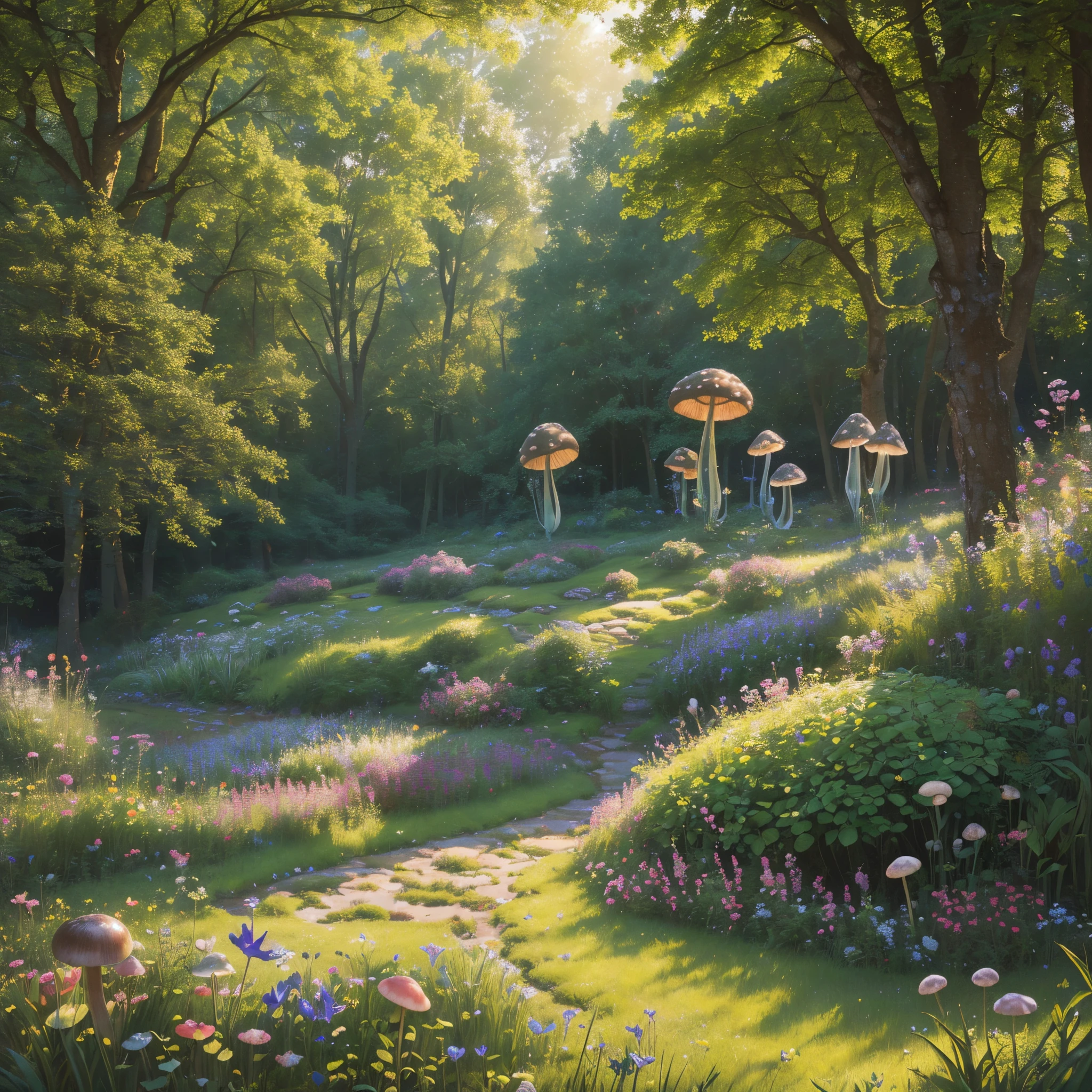 (best quality,4k,8k,highres,masterpiece:1.2),ultra-detailed,(realistic,photorealistic,photo-realistic:1.37),summery meadow,enchanting forest,tall whimsical mushrooms,Wonderland-themed forest,whimsical rabbit,enchanting butterflies,beautiful lush green grass,sparkles surrounding the butterflies,illustration, fantasy, vivid colors, magical lighting