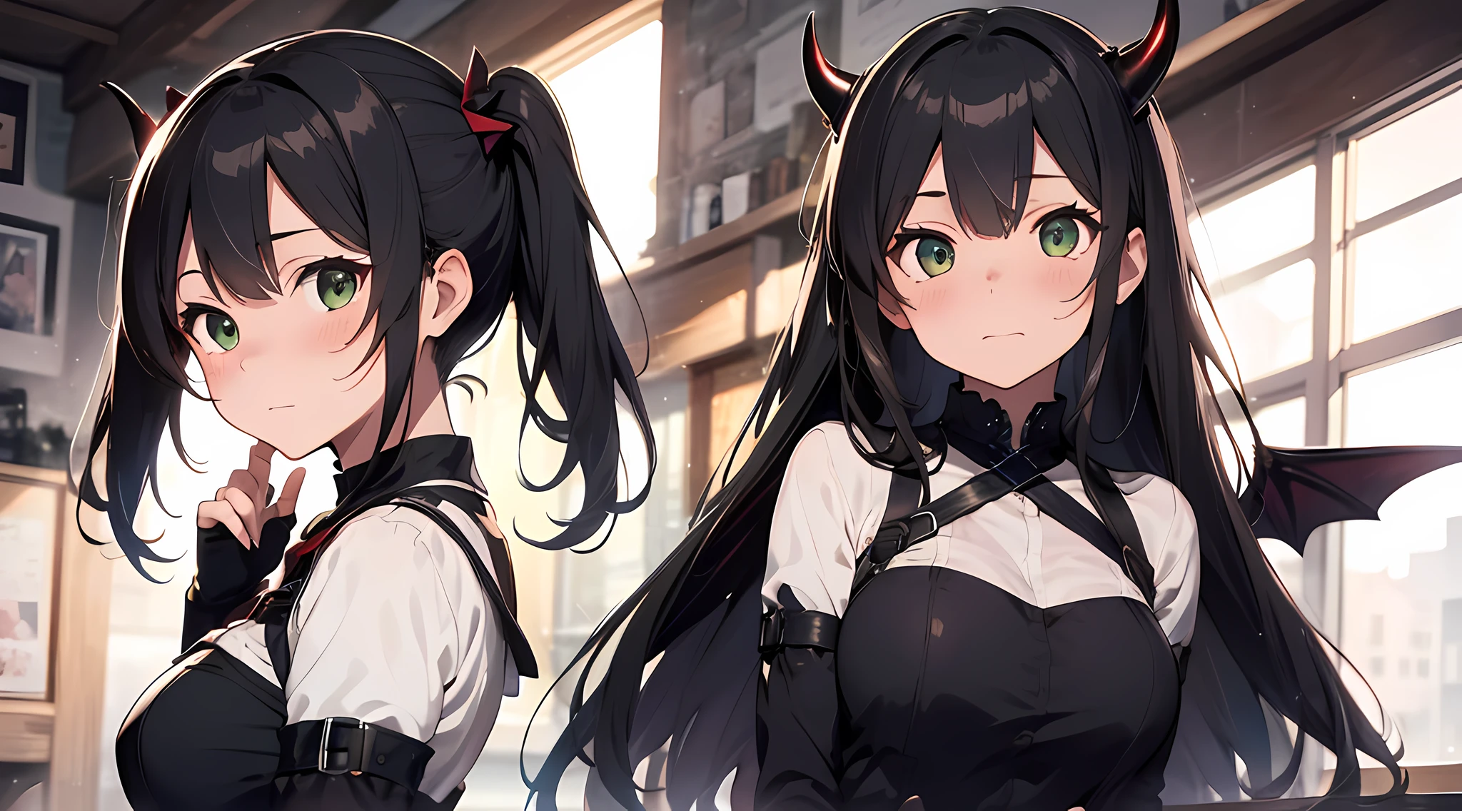 a demon queen, (demon horns, black hair, detailed hair, green eyes, beautiful eyes finely detailed), pixiv contest winner, serial art, top rated on pixiv, bat wings, big breast, side boobs, wearing black armored knight suit, her face is blushing, embarassed, seductive expression, naughty woman expression, azurlane style, standing, (half body:0.6), half body close up illustration