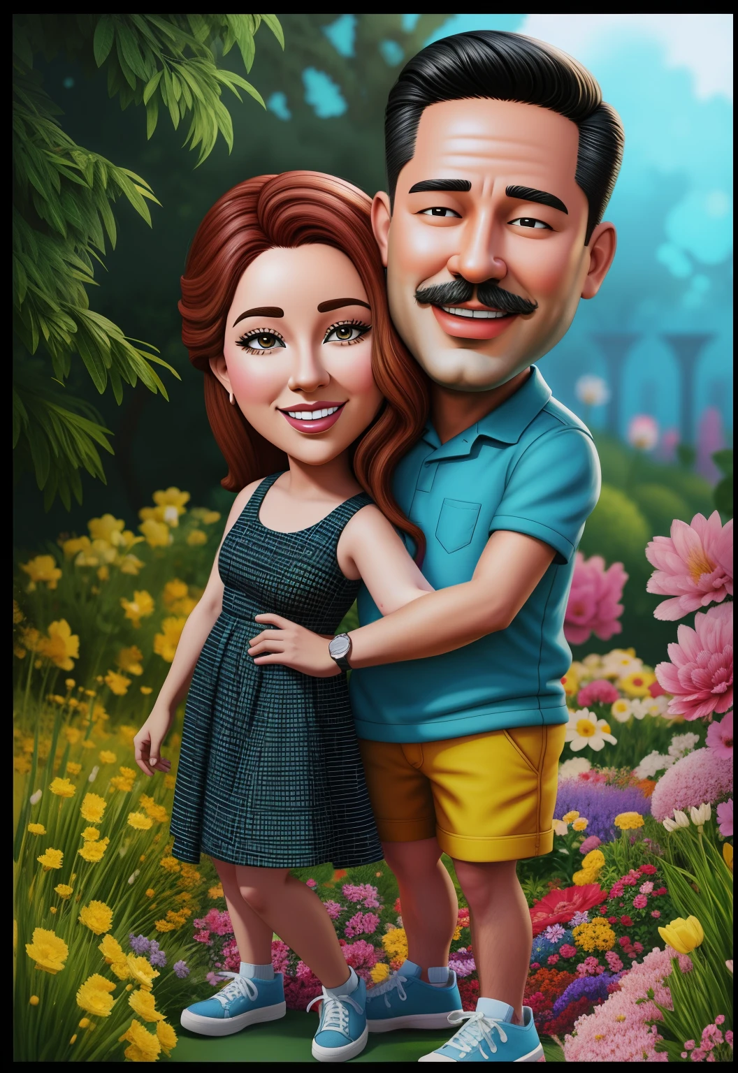 cartoon of a man and woman hugging in a garden of flowers, cartoon digital painting, digital cartoon painting art, cartoon digital art, digital art cartoon, cartoon artstyle, realistic cartoon, caricature illustration, photorealistic!!!!!!! art style, 3 d cartoon, realistic portrait photo, cartoon art style, cartoon art, cartoon style illustration, in cartoon style, cartoon portrait, charicature