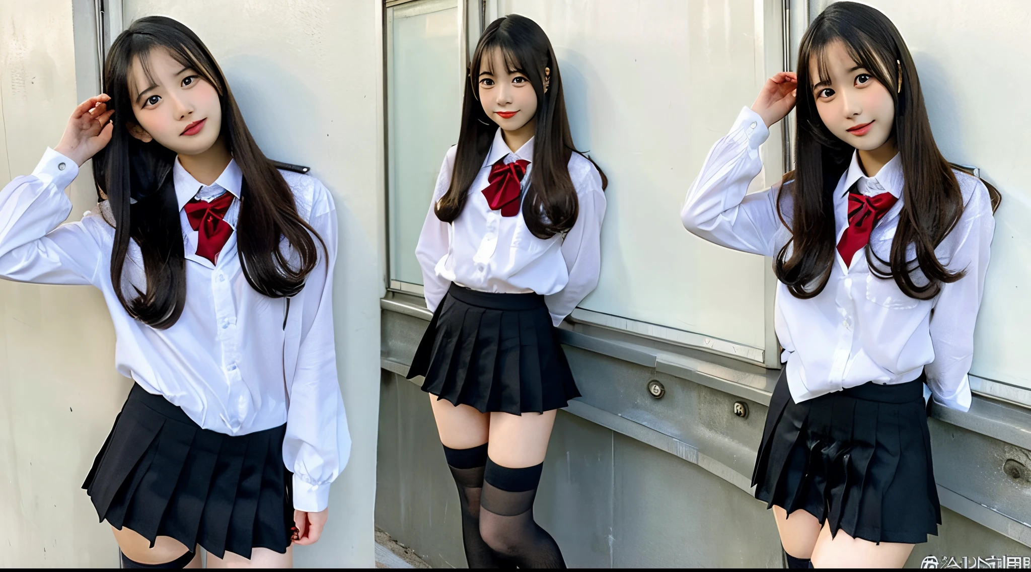 idol,Beautiful black-haired teenage girl, D-cup breasts, beautiful eyes, very natural expression, Japanese, high school girl, uniform, M-shaped sitting, overall very natural, graphics, real woman, lowest quality, low quality, normal quality, high quality, top quality,(open legs:1.5)