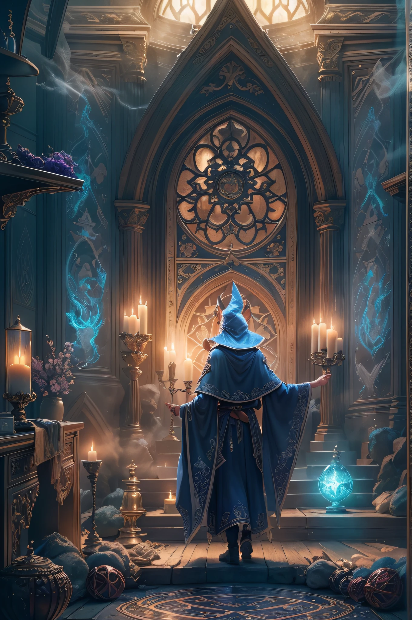 (best quality,4k,8k,highres,masterpiece:1.2),ultra-detailed,(realistic,photorealistic,photo-realistic:1.37),medieval setting,full view of body,beautiful blue eyes,silver hair,black mage robe with gambeson,wizard hat,1 female elf mage,enchanted staff,ancient stone architecture,mystical aura,magical runes,candle-lit room,spellcasting,engraved metal accessories,book of spells,mythical creatures in the background,faint glow,whimsical atmosphere,vivid colors,dark and enchanting palette,soft illuminating light