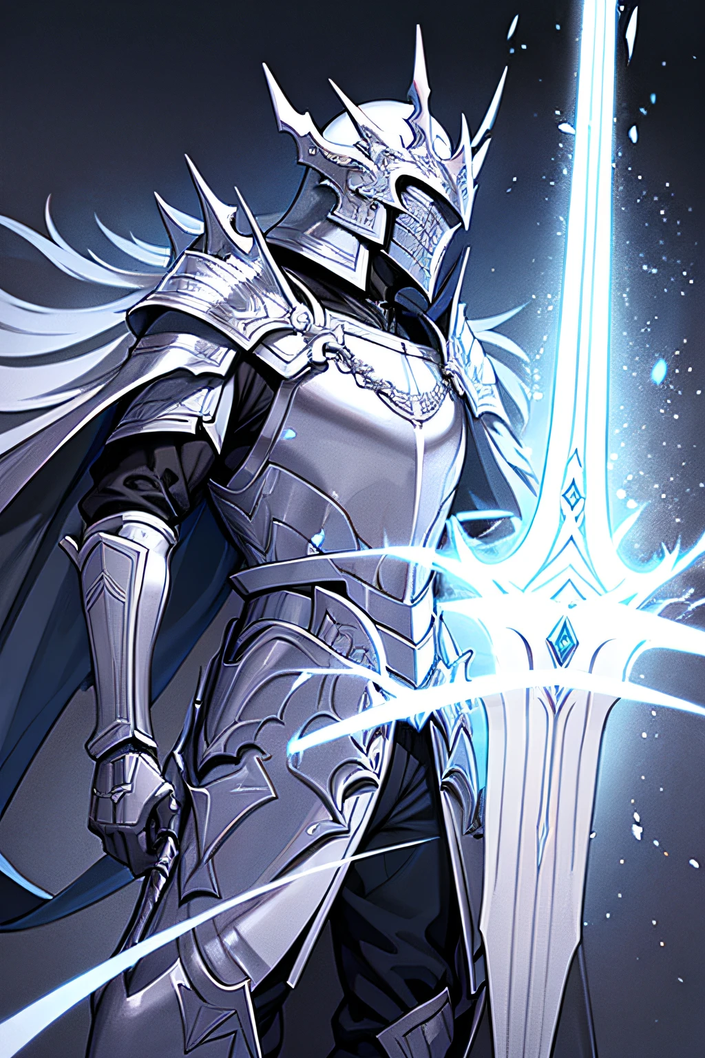 middle-aged man with a natural face, wears white gold knight armor and cape without knight helmet, holds long Europe sword in right hand, dark fantasy theme