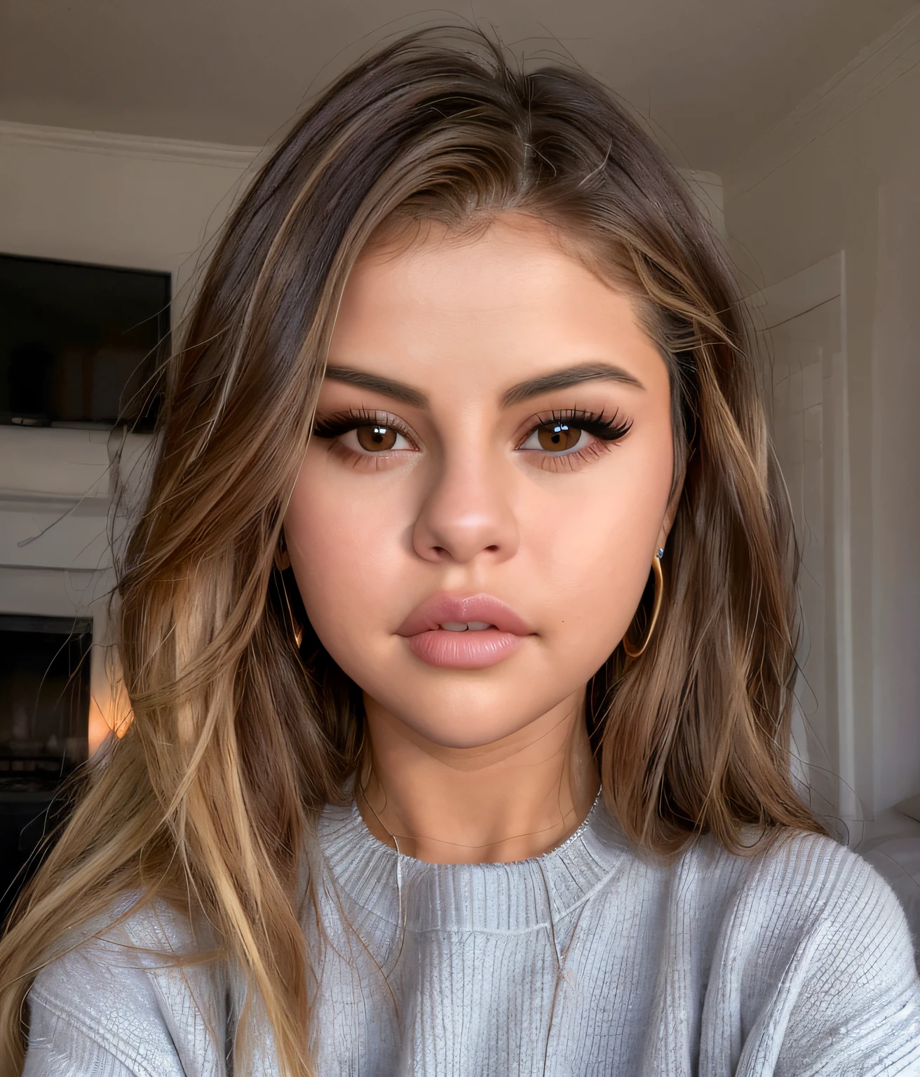 high quality,photo of Selena Gomez,best quality,ultra-detailed,portraits,beautiful detailed eyes,beautiful detailed lips,blonde hair,soft lighting,black sweater