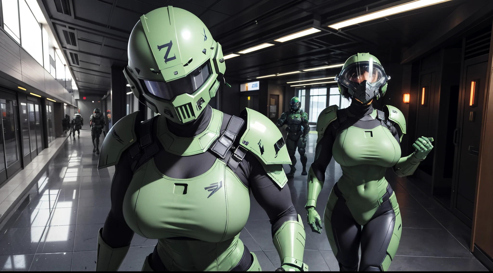 multiple badass muscular 21 year old female large breasts super model body wearing green doomguy doom marine armor and helmet from DOOM with large breasts holding gigantic futuristic rifle walking down hallway of futuristic space station, (((show bare breasts and nipples, remove chest armor, breasts covered in green cum, grab breasts))), ((1 mature female in charge wearing different color amor yelling at a group of all female new recruits standing in a line)), show lace thong panties, (condom full of cum)
