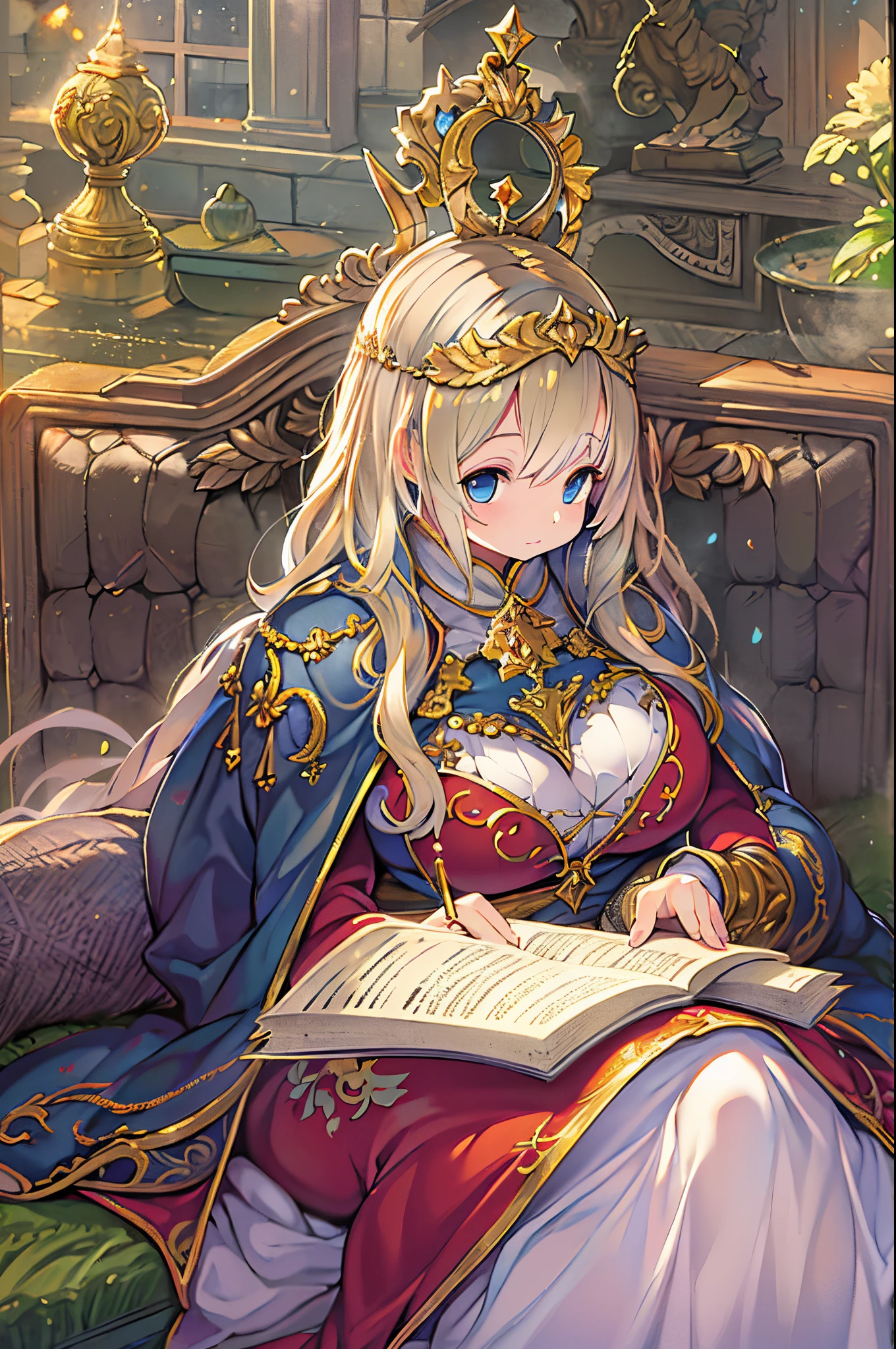 (masutepiece: 1.2, Best Quality), Realistic, (Realistic image, intricate-detail, depth of fields), Best Quality, masutepiece, Highly detailed, semi - realistic, 1 girl, maturefemale, 21 years old, a blond, Shoulder length shorthair, Left eye covered with hair, Blue eyes, King's clothes, red cloak, slim figure, Crown made of precious gold, Reading Documents, Marking documents, Goose Hair Pen, Office Table, Soft bench, palatial palace, in the palace, During the Middle Ages,huge-breasted、bbw