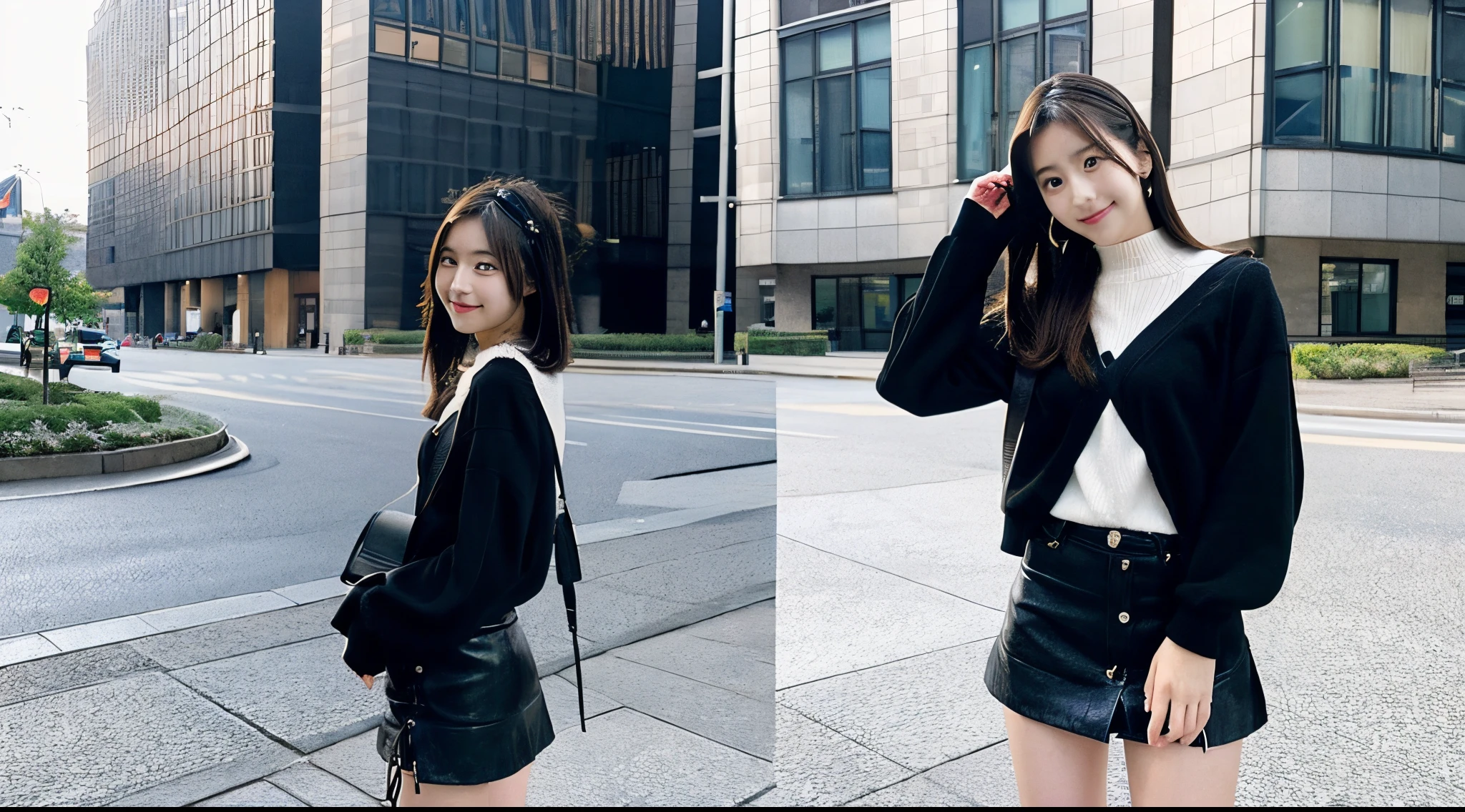Cute female college student, 18 years old, wearing a black miniskirt