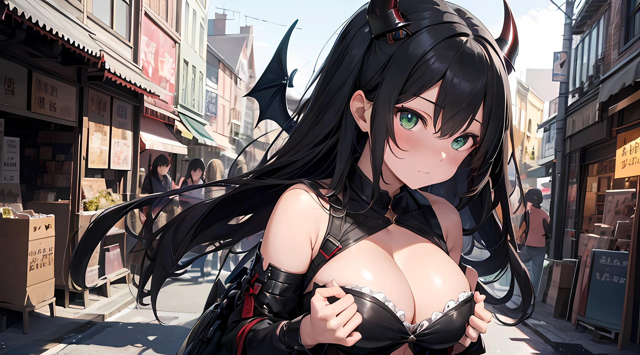 a demon queen, (demon horns, black hair, detailed hair, green eyes, beautiful eyes finely detailed), pixiv contest winner, serial art, top rated on pixiv, bat wings, big breast, side boobs, wearing black armored knight suit, her face is blushing, embarassed, seductive expression, naughty woman expression, azurlane style, standing, (half body:0.6), half body close up illustration