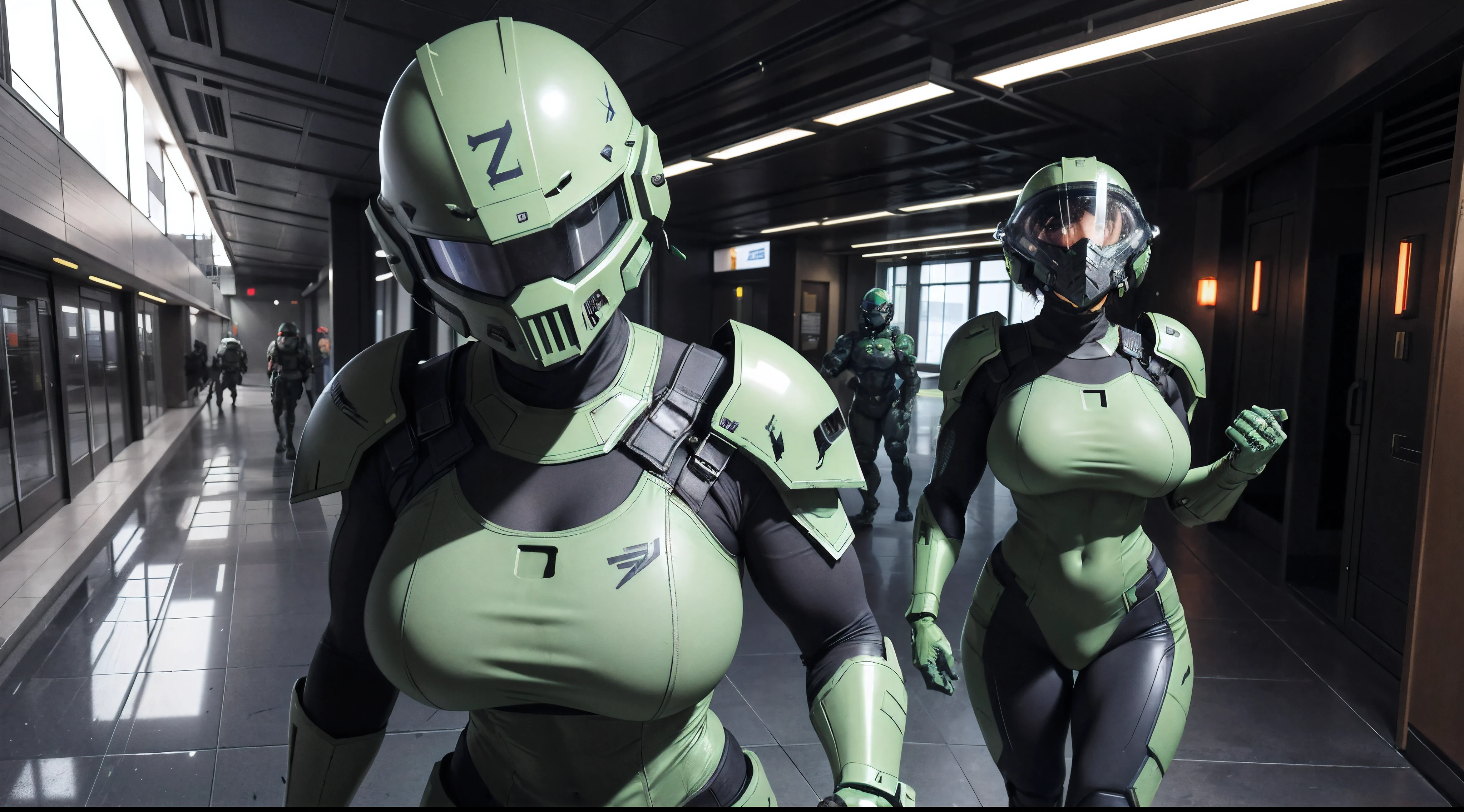 multiple badass muscular 21 year old female large breasts super model body wearing green doomguy doom marine armor and helmet from DOOM with large breasts holding gigantic futuristic rifle walking down hallway of futuristic space station, (((show bare breasts and nipples, partially remove chest armor, breasts covered in cum, grab breasts))), ((1 mature female in charge wearing different color amor yelling at a group of all female new recruits standing in a line)), show lace thong panties peeking out under skirt, military necklace, high heels thigh stockings