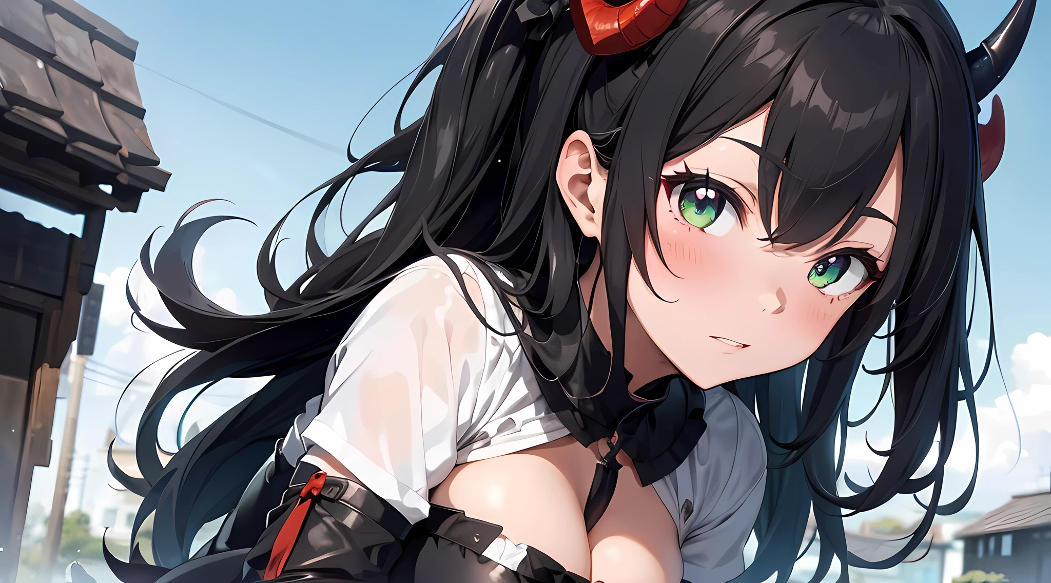 a demon queen, (demon horns, black hair, detailed hair, green eyes, beautiful eyes finely detailed), pixiv contest winner, serial art, top rated on pixiv, bat wings, big breast, side boobs, wearing black armored knight suit, her face is blushing, embarassed, seductive expression, naughty woman expression, azurlane style, standing, (half body:0.6), half body close up illustration