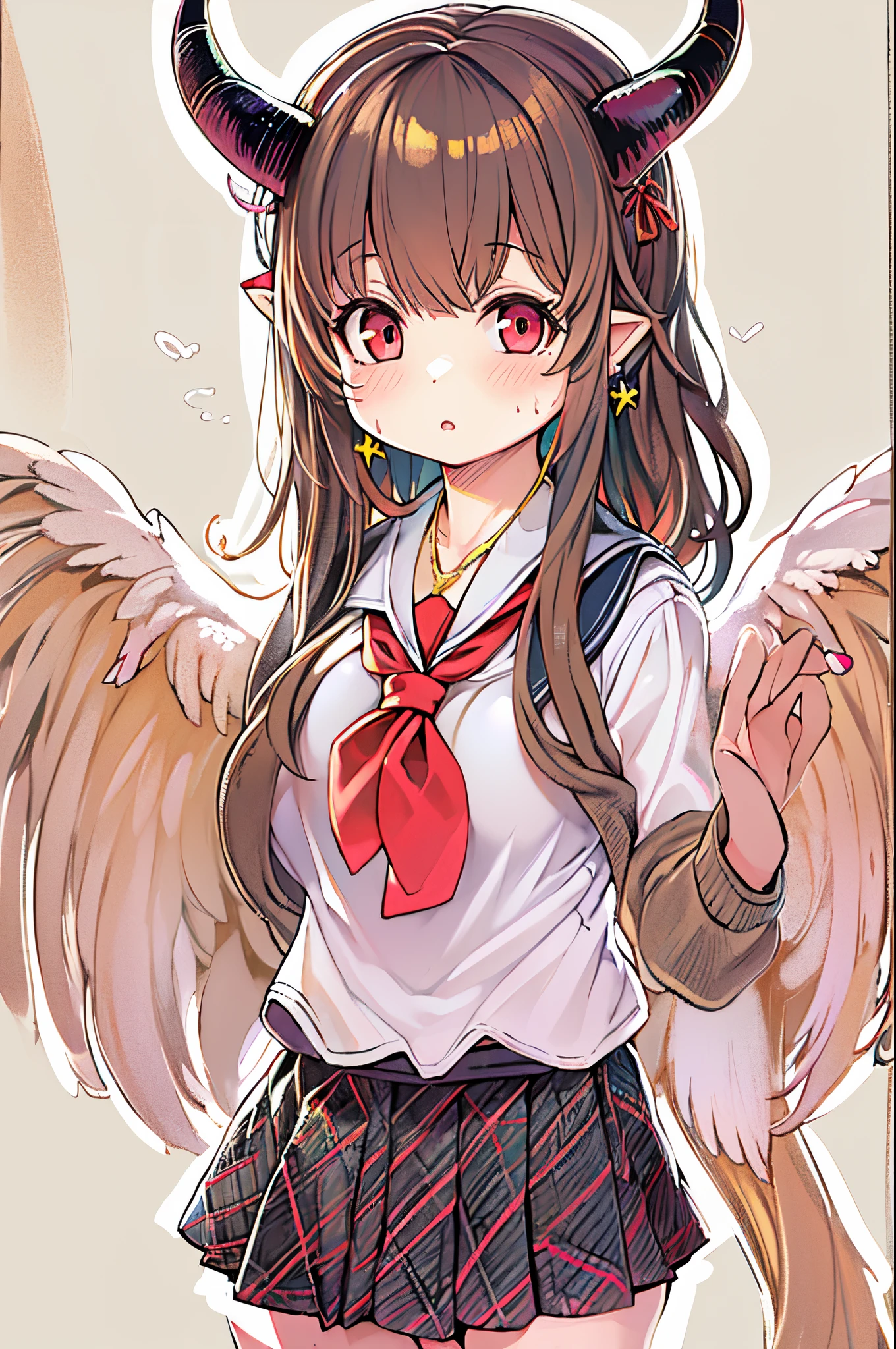 1girl in, Horns, School uniform, pointy ear, Wings, earrings, serafuku, Jewelry, White background, Upper body, Red Eyes, Demon Wings, Demon Horns, demon boy, Simple background, Back-to-back, Pink eyes, Parted lips, black serafuku, Brown hair, Demon Girl, Black hair, Looking at Viewer, Long hair, School run