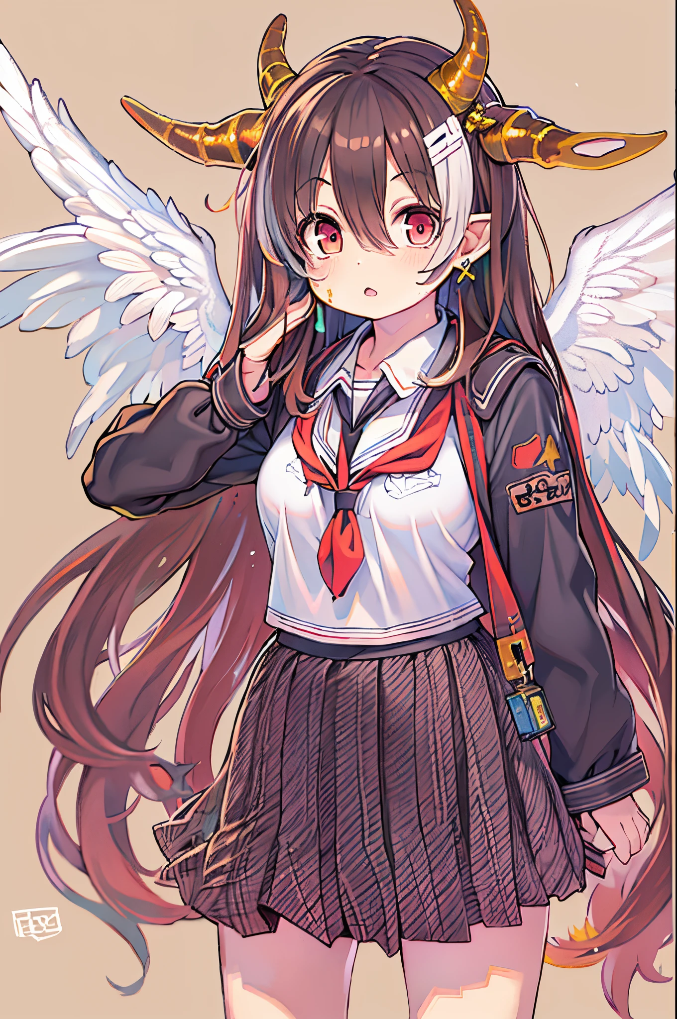 1girl in, Horns, School uniform, pointy ear, Wings, earrings, serafuku, Jewelry, White background, Upper body, Red Eyes, Demon Wings, Demon Horns, demon boy, Simple background, Back-to-back, Pink eyes, Parted lips, black serafuku, Brown hair, Demon Girl, Black hair, Looking at Viewer, Long hair, School run