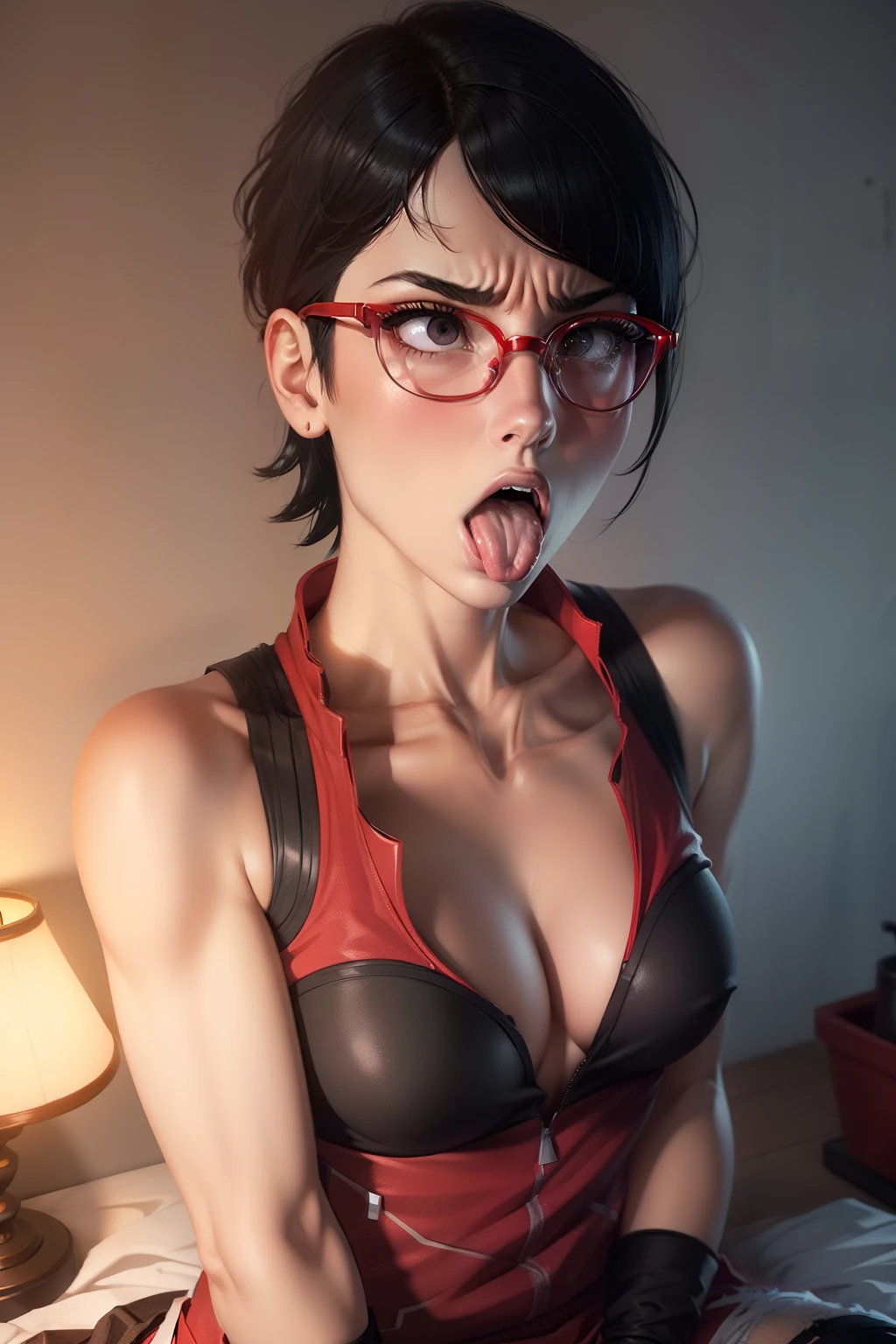 (highres,masterpiece:1.2),ultra-detailed,realistic,professional,beautiful detailed eyes,beautiful detailed lips,dark hair,short black hair,red glasses,stunning black eyes,clear skin,18-year-old girl,fashionable short hairstyle,vibrant red glasses,Shinobi Academy,fierce determination,confident posture,crimson outfit,intense gaze,background filled with ninjutsu techniques,shadows cleverly accentuating her features,subtle studio lighting,sublime realism,striking color tones, open mouth, tounge out,