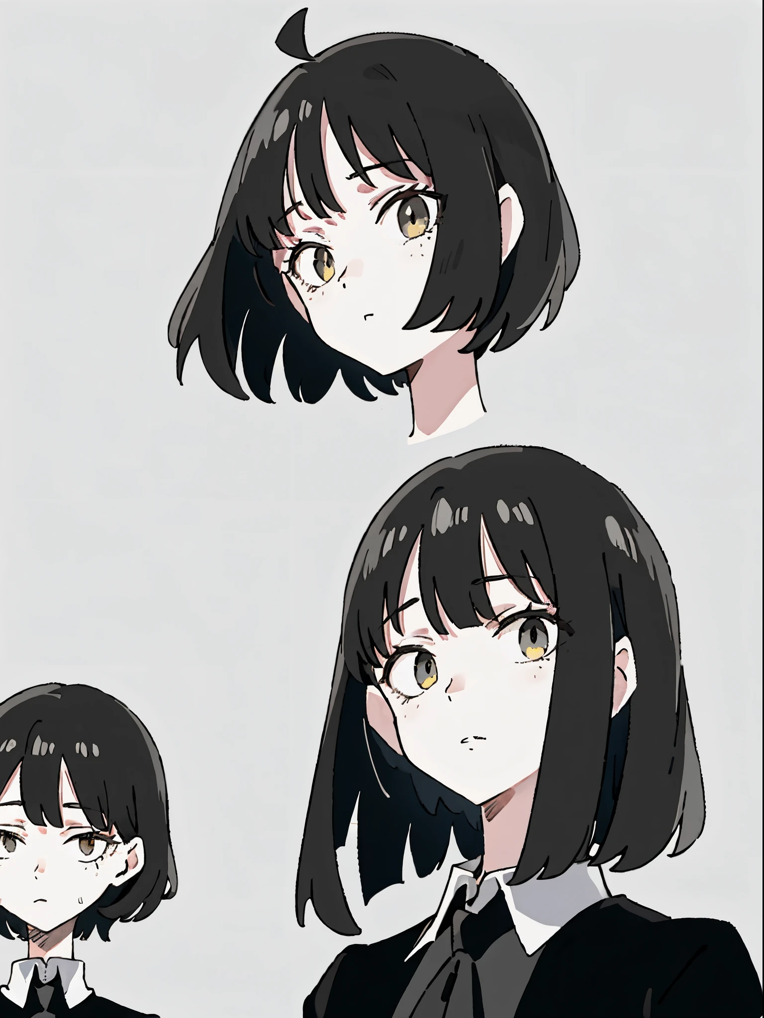 Alone，tmasterpiece,Best quality at best,Upper part of the body,A cool girl，black color hair，messy shortt hair，extra very short hair，Hair only reaches the cheeks，male hairstyles，Neutral wind，The shirt，goth style girl，tomboyish girls，Muscular，white theme,flatcolors,