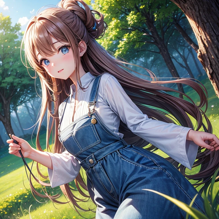 master piece , best quality，wallpaper 8k CG, hyper quality, the best ，1girl,solo，High quality Japanese Moe illustrations、white  shirt、Blue overalls、bright blue eyes、Brown hair color、It depicts a woman with medium long straight hair.。she is pulled to the waist。All hairstyles are newly drawn。This is the highest quality 3D rendering，Her cheeks are、clear pale pink， Explore the top quality & rich meadows of a magical
land in spring, filled with mesmerizing RPG views in ３DCG graphics，