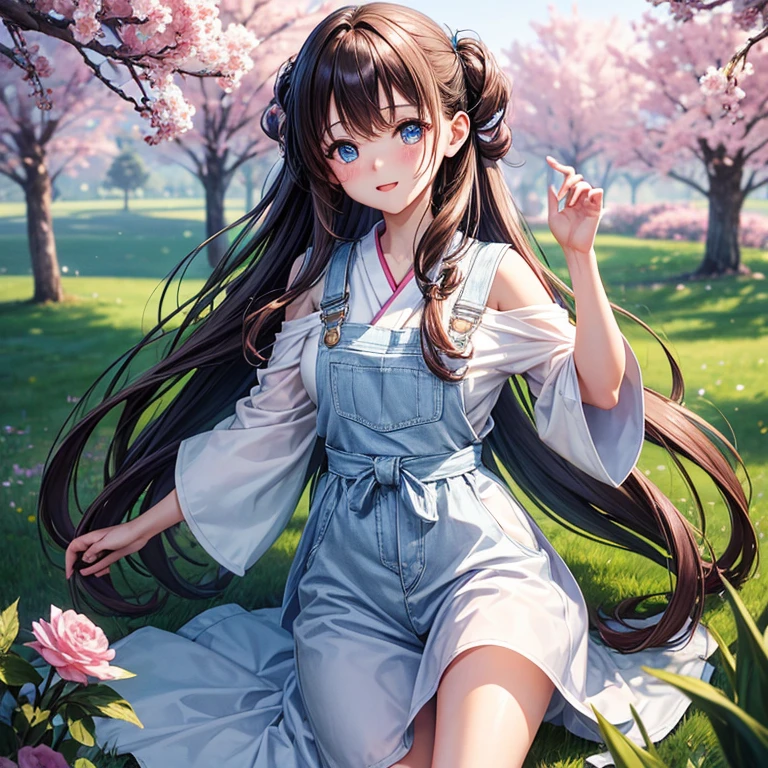 master piece , best quality,wallpaper 8k CG, hyper quality, the best ,1girl,solo,High quality Japanese Moe illustrations、white shirt、Blue overalls、bright blue eyes、Brown hair color、It depicts a woman with medium long straight hair.。she is pulled to the waist。All hairstyles are newly drawn。This is the highest quality 3D rendering,Her cheeks are、clear pale pink, Explore the top quality & rich meadows of a magical
land in spring, filled with mesmerizing RPG views in 3DCG graphics,