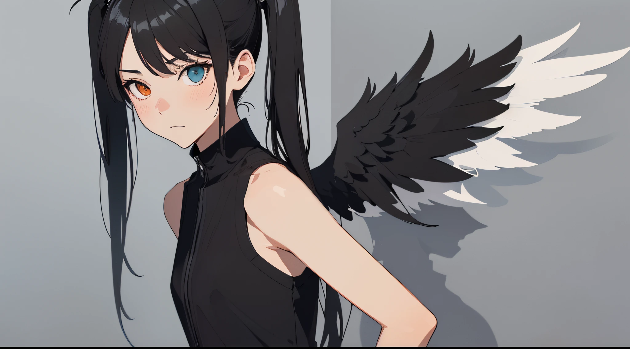 (masutepiece:1.3),(Best Quality:1.2),8K,absurderes,Unity 8K Wall Papper,(Extremely detailed:1.3),highest grade, Clothes are simple), (Flat Illustration:1.4), (Best Impact:1.5), (minimalism:1.7), Vivid contrast, (Realistic), hyperrealistic illustrations, hight resolution, ultra-detailliert, absurderes,
1girl in, ,Heterochromia, ((twintails hairstyle:1.2)), ((Spilled on two gray hairs, Black hair:1.5)), ((split theme, Angel,devil,Wings)),Split into two themed angels,devil,BREAK,bold outline,Flat color,fine outline,black outlines,Flat, nice hand, Perfect hands,