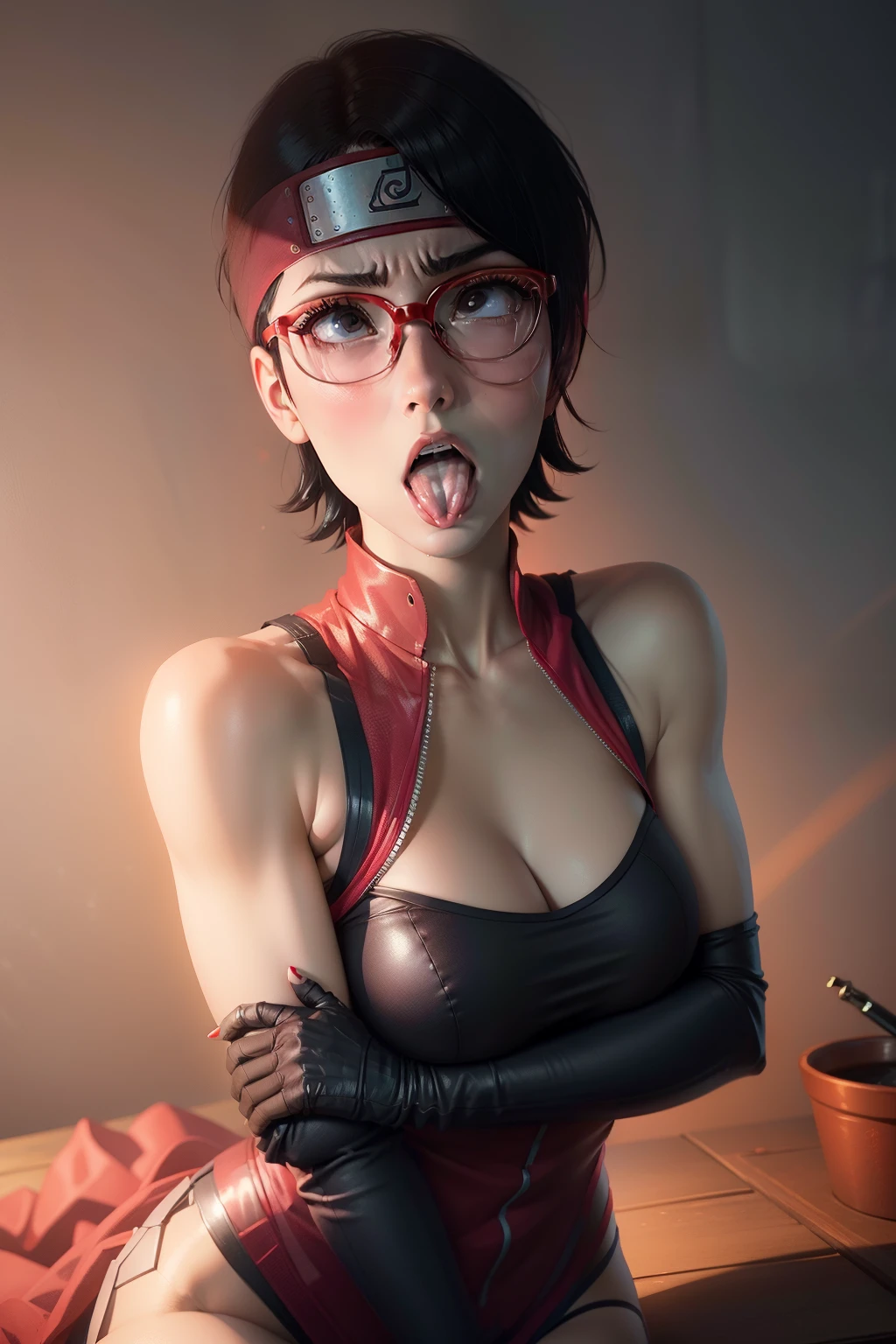 (highres,masterpiece:1.2),ultra-detailed,realistic,professional,beautiful detailed eyes,beautiful detailed lips,dark hair,short black hair,red glasses,stunning black eyes,clear skin,18-year-old girl,fashionable short hairstyle,vibrant red glasses,Shinobi Academy,fierce determination,confident posture,crimson outfit,intense gaze,background filled with ninjutsu techniques,shadows cleverly accentuating her features,subtle studio lighting,sublime realism,striking color tones, open mouth, tounge out,