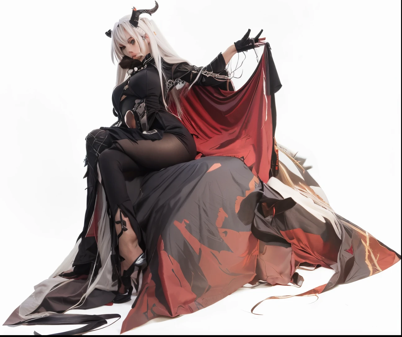 long hair, white hair, horns, demon horns, black outfit, agir azurlane