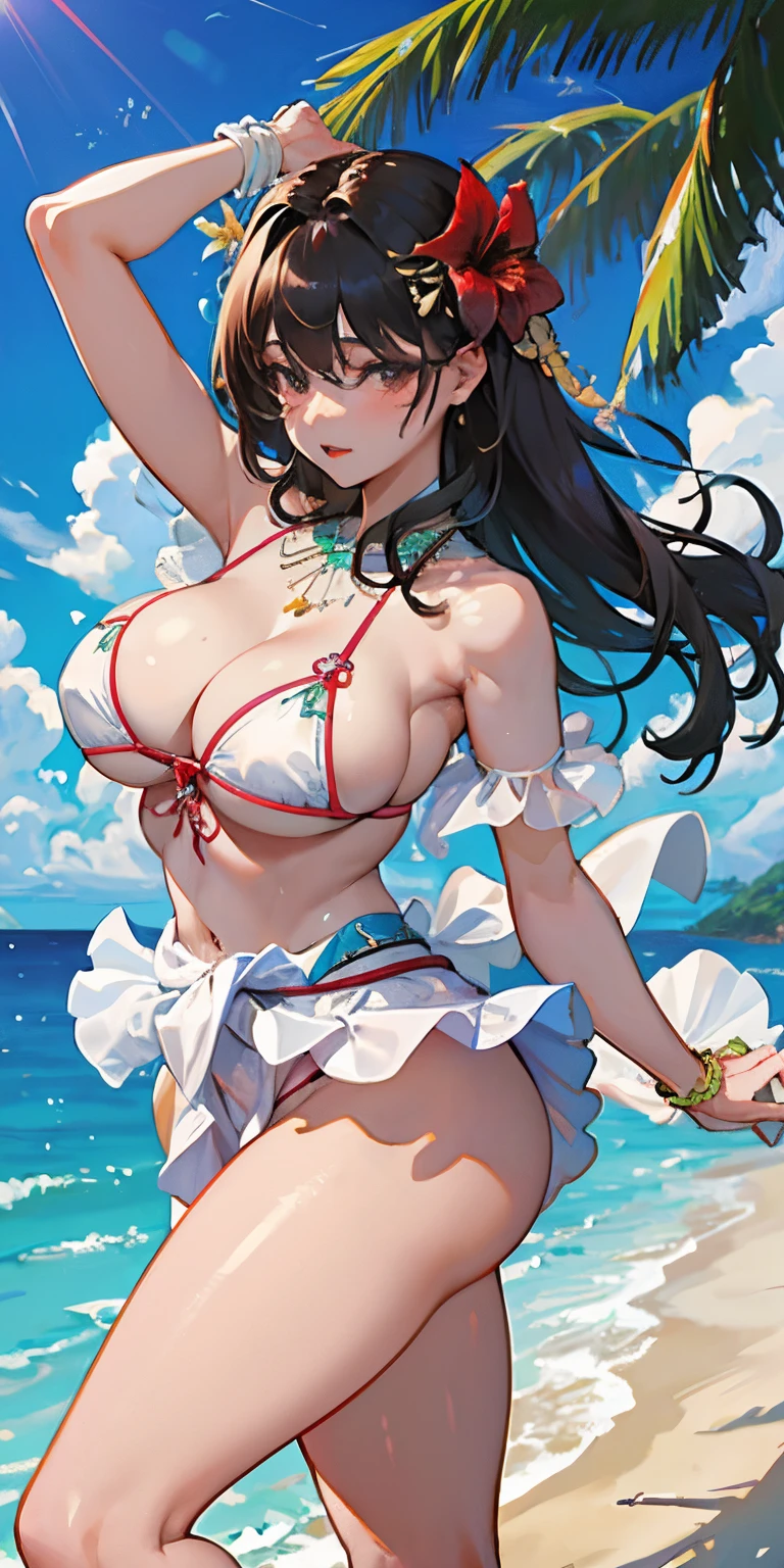 realisticlying、Butt Bigger Ward、thighs are a little thick、(Oversized Bikini)Wearing them will emphasize your buttocks...、16 year old girl、(((Close-up from the ground)))、Slightly thicker emphasis on the thighs、Butt enhancement, Large breasts, Cleavage enhancement、sexy brown skin tone、Polynesian Dancer、dance a polynesian dance、pareo(wear a skirt around the waist)、seashell necklace around neck、hibiscus ornament in hair、Sexy Posing