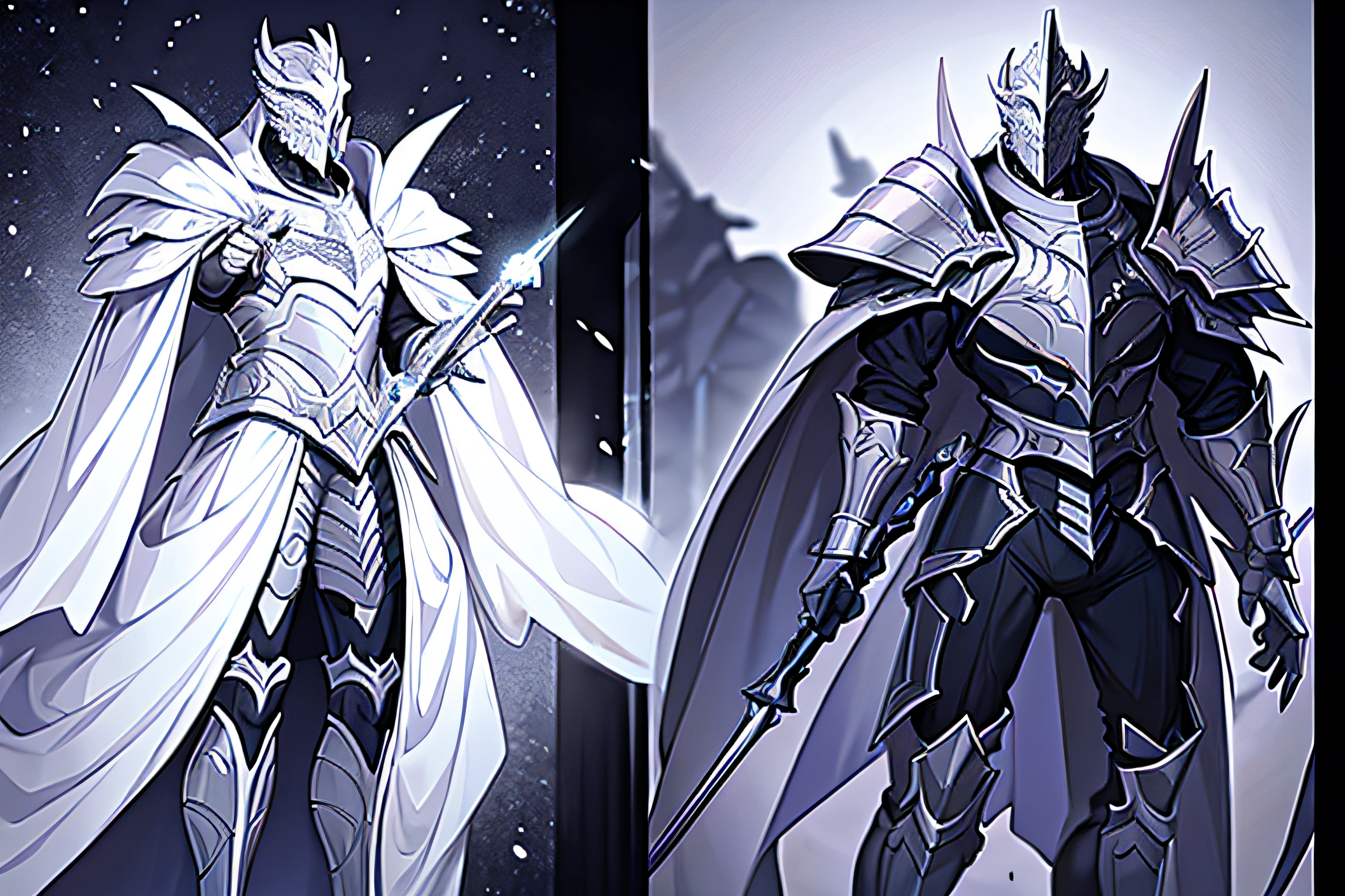 middle-aged man with a natural face, wears white gold knight armor and cape without knight helmet, holds long Europe sword in right hand, full body, character template, dark fantasy theme