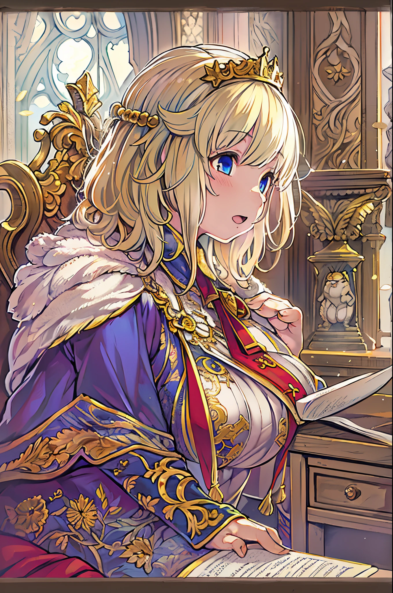 (masutepiece: 1.2, Best Quality), (anime style 4, intricate-detail, depth of fields), Best Quality, masutepiece, Highly detailed, semi - realistic, 1 girl, maturefemale, 21 years old, a blond, Shoulder length shorthair, Left eye covered with hair, Blue eyes, King's clothes, red cloak, slim figure, Crown made of precious gold, Reading Documents, Marking documents, Goose Hair Pen, Office Table, Soft bench, palatial palace, in the palace, During the Middle Ages,huge-breasted、bbw、kawaii