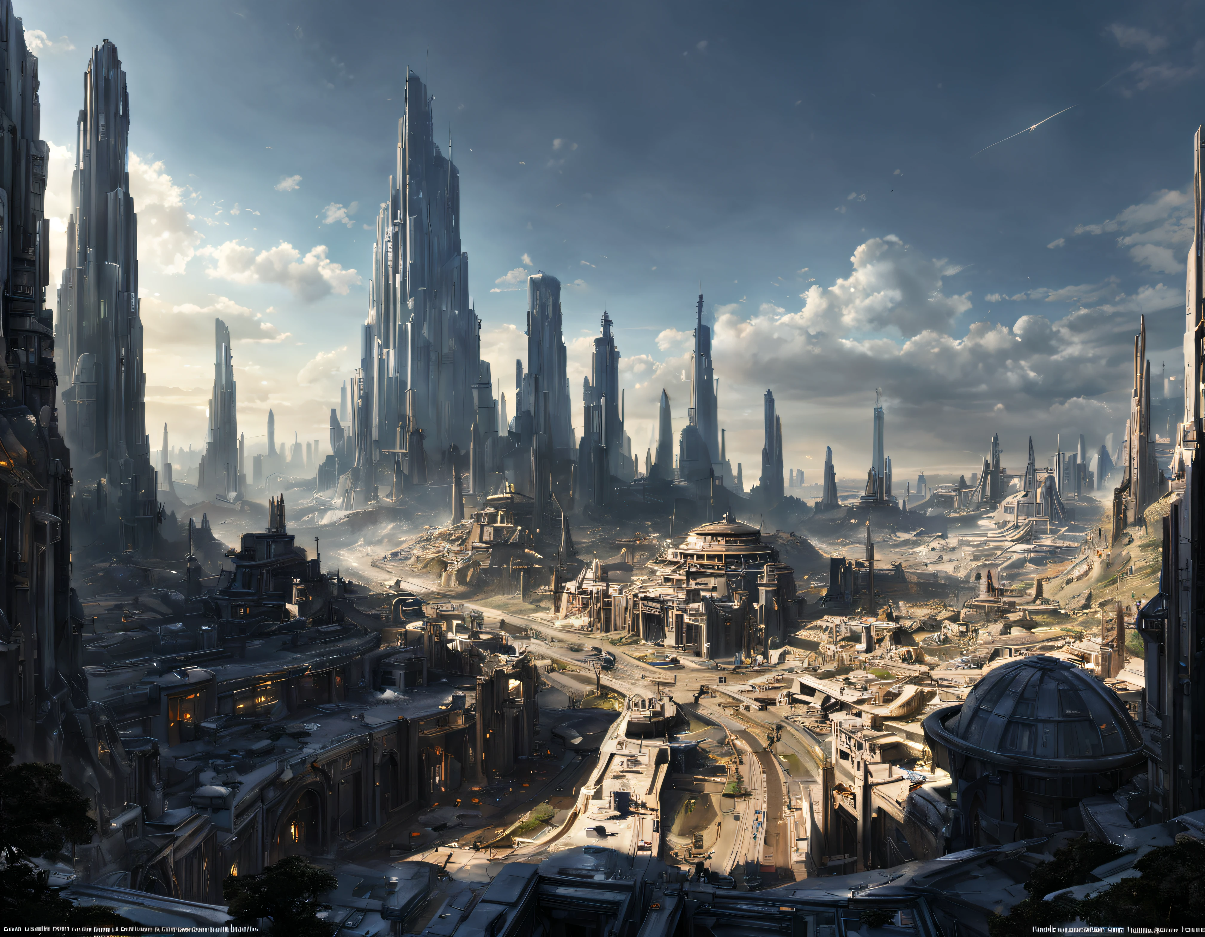 The city of Coruscant from Star Wars as designed by Doug Chiang, futuristic fantasy city with immense buildings of technological design (que forman una avenida infinita), edificios compactor no difuminados, con estructuras acristaladas en plata, oro y bronce espectaculares, (con colores vivos). pavimento ensolado (sin brillo). gente paseando. imagen bien definida con muchos edificios juntos. imagen nitida bien definida 8k. los edificios llegan alta el fondo.,8k. imagen cinematografica. iluminacion hora dorada. calidad superior. (obra maestra).