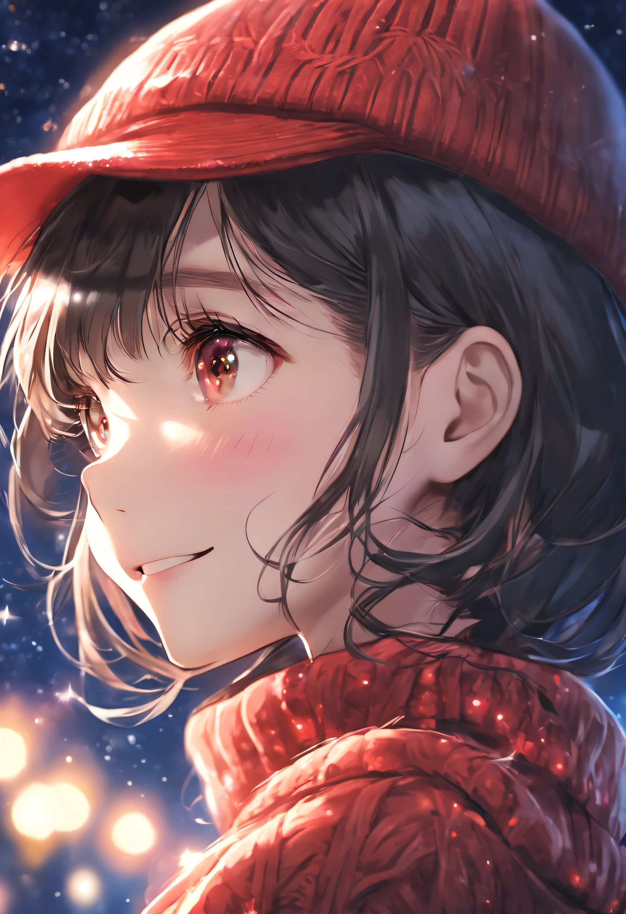 side face focus, eyes focus, cute, masterpiece, best quality, sharp focus, UHD, 1girl, Black hair, looking at the night sky, red sweater, beanie, turtleneck, sparkling eyes, happy expression, dreamy light, sparkle lights, side looking, upper body, night scene,