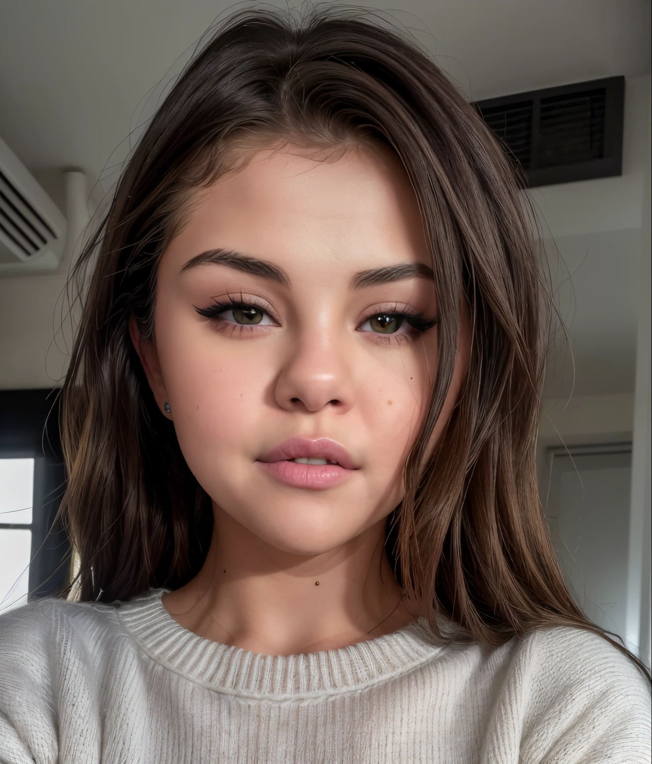 high quality,photo of Selena Gomez,best quality,ultra-detailed,portraits,beautiful detailed eyes,beautiful detailed lips,blonde hair,soft lighting,black sweater