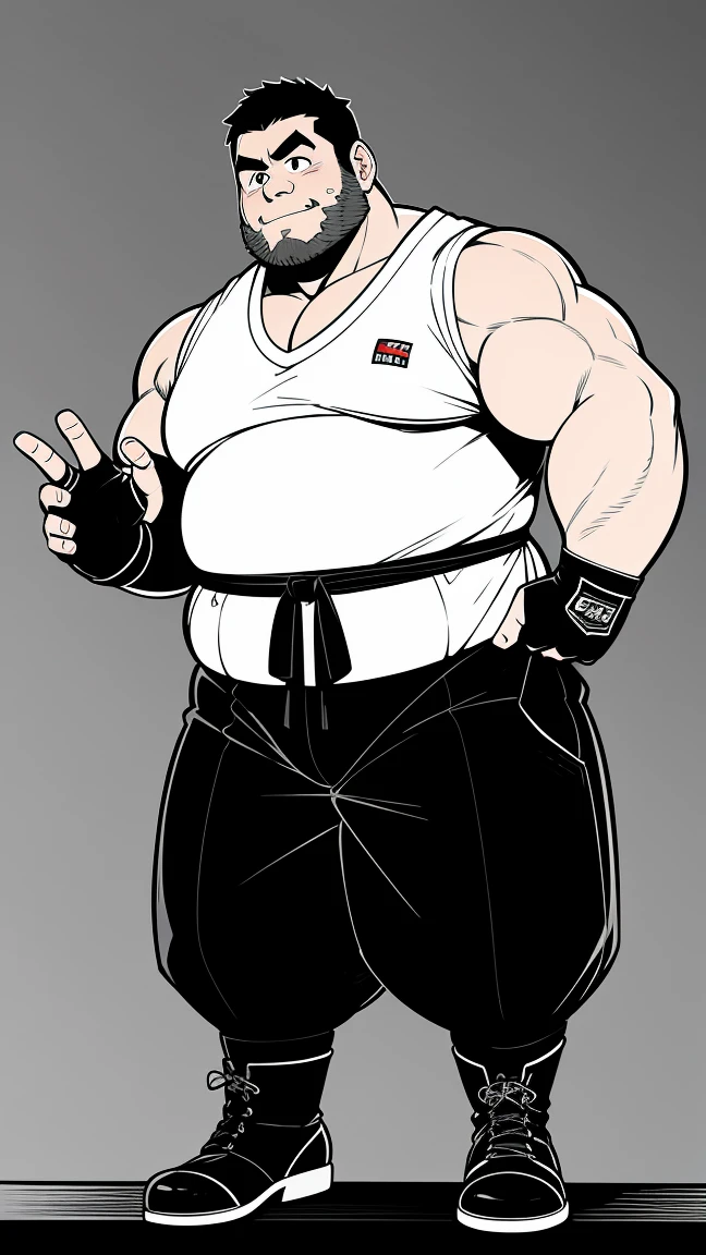 the only person，male people，Muscle wrestler，musculous，Stout wrestler，Asian people，jpn，Uncles，60-year-old middle-aged man，Short hair details，Short hair details，Wrestling boots，Full body like，Panorama characters，WWE ring，WWE American professional wrestling，spotlight lights，cellshading，visions，pantiess，fatness，age 55，,Middle age，tattoo is，Fingerless gloves，Wheat-colored skin，oilly skin，Dark skin，Show off your chest muscles，Sumo wrestler，body builder，Wide sideburns，Pronounced abs，ssmile，beard is gray，White hair，（Full body like：3），Hands are very thin，bright outside，outdoor background
