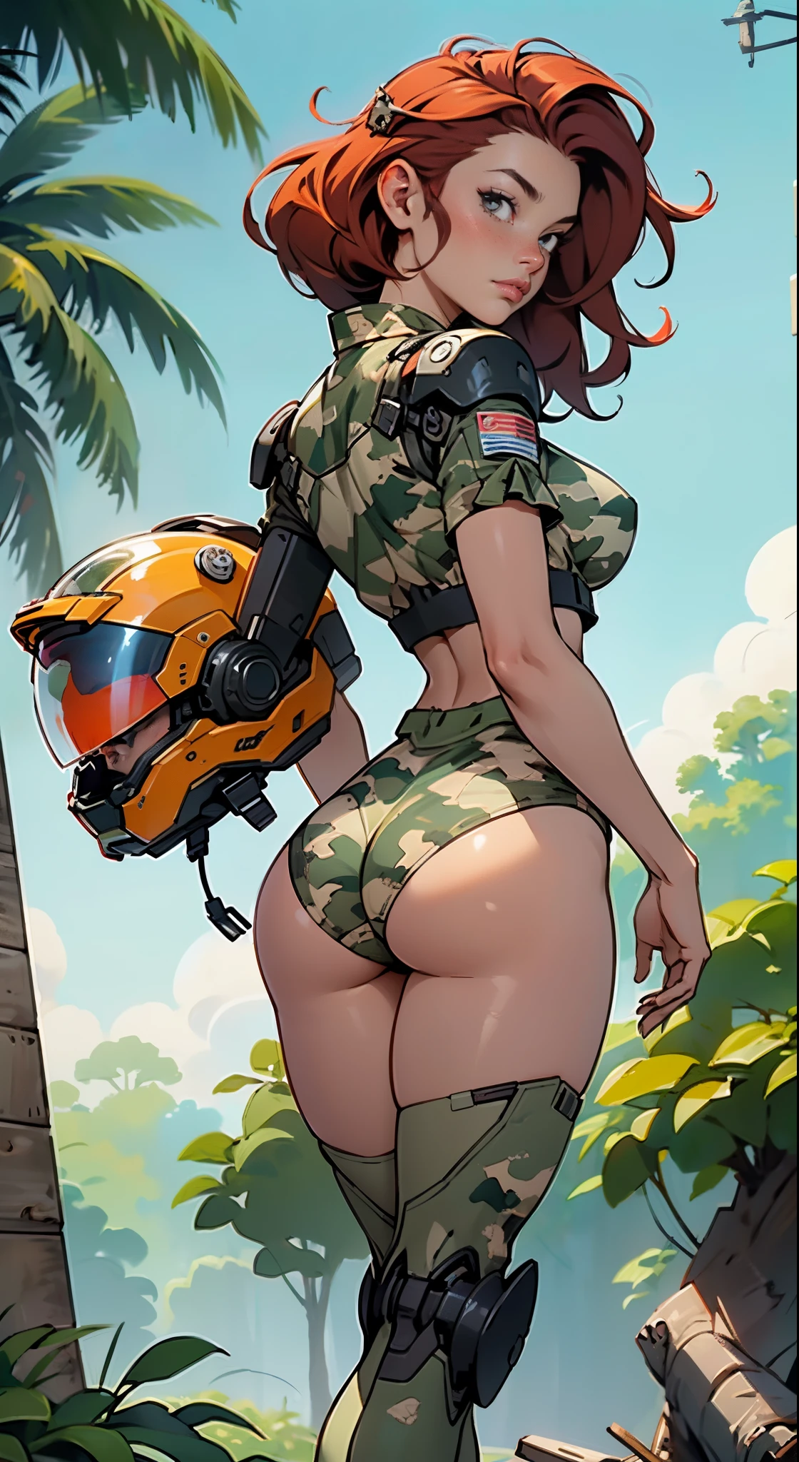 1woman 20 years old, max resolution, crisp lines, sculpted, military, wearing a soldier helmet, beautiful, perfect body, red hair, perfect body, thin waist, wide hips, large breasts, slim thighs, jungle background, armored vehicle, flying fighters, military robot dog, camouflaged uniform, tight panties, two-piece, head to toe, highly detailed, high resolution, perfect hands, rear view, backside, camo, turning around to see the viewer