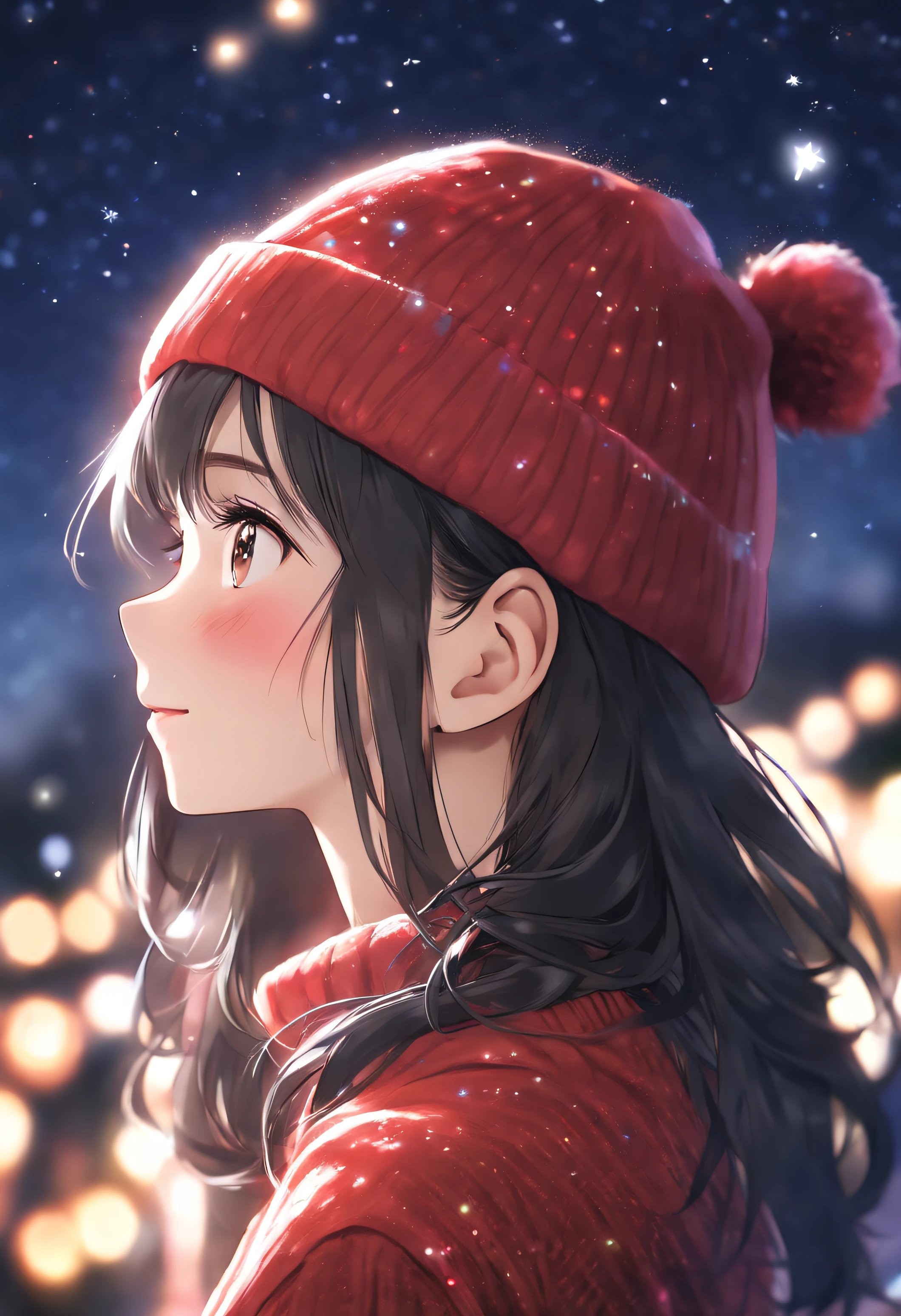 side face focus, eyes focus, cute, masterpiece, best quality, sharp focus, UHD, 1girl, Black hair, looking at the night sky, red sweater, beanie, turtleneck, sparkling eyes, happy expression, dreamy light, sparkle lights, side looking, upper body, night scene,