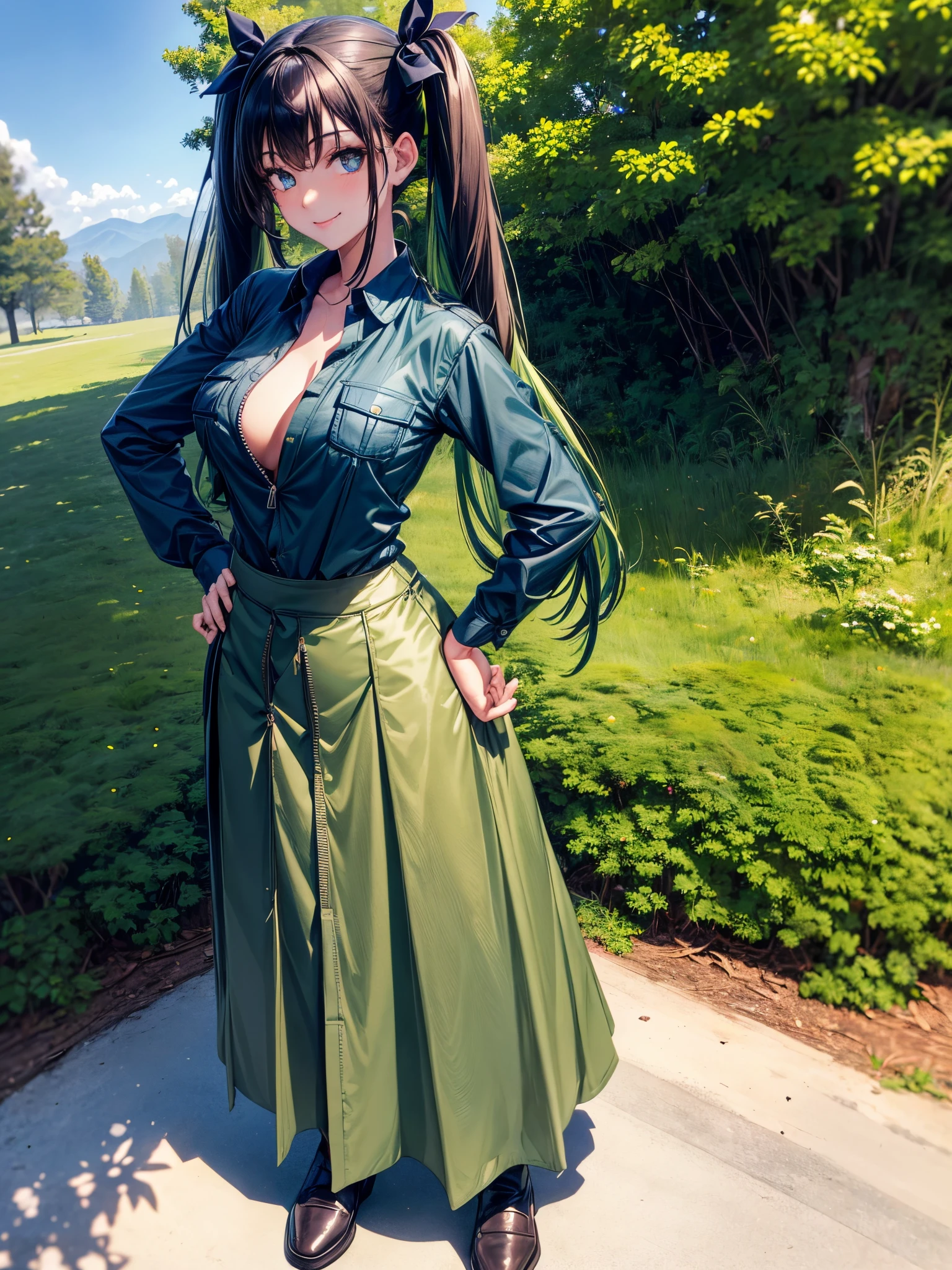1girl, solo, ((full body)), forest, dark green hair, twintail, large breasts, ((blue button down shirt)), ((opened brown zipper jacket)), dark blue eyes, ((unbuttoned shirt)), ((long skirt)), smile, looking at the viewer, standing, hair ribbon, hand on hip