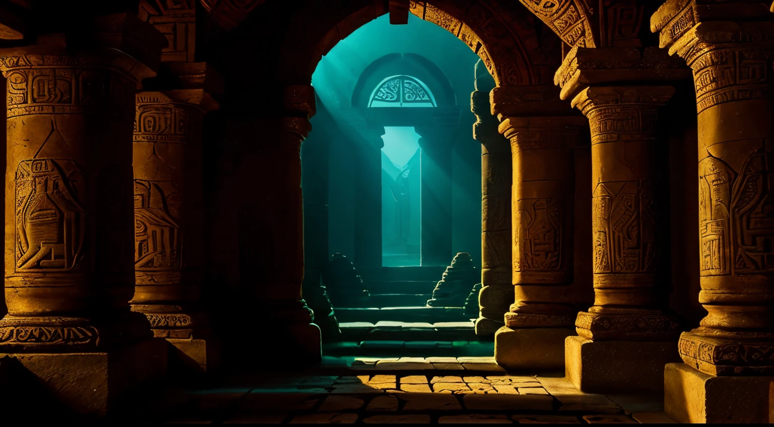 a hidden temple, ancient relics, glowing golden artifacts, sparkling jewels, precious gemstones, elaborate carvings, sacred masks, vibrant feather headdresses, exquisite pottery, ornate statues, intricate hieroglyphics, secret chambers, shimmering treasures, mythical animals, rich history, cult rituals, mystical aura, pristine emeralds and rubies, lost civilization, enchanted atmosphere, sunlit temple walls, shadows dancing, hidden passageways,vuntold stories, mysterious chants, age-old secrets,bpowerful magic, echoing footsteps, sunrise illuminates the temple, whispers in the air, treasures waiting to be discovered.