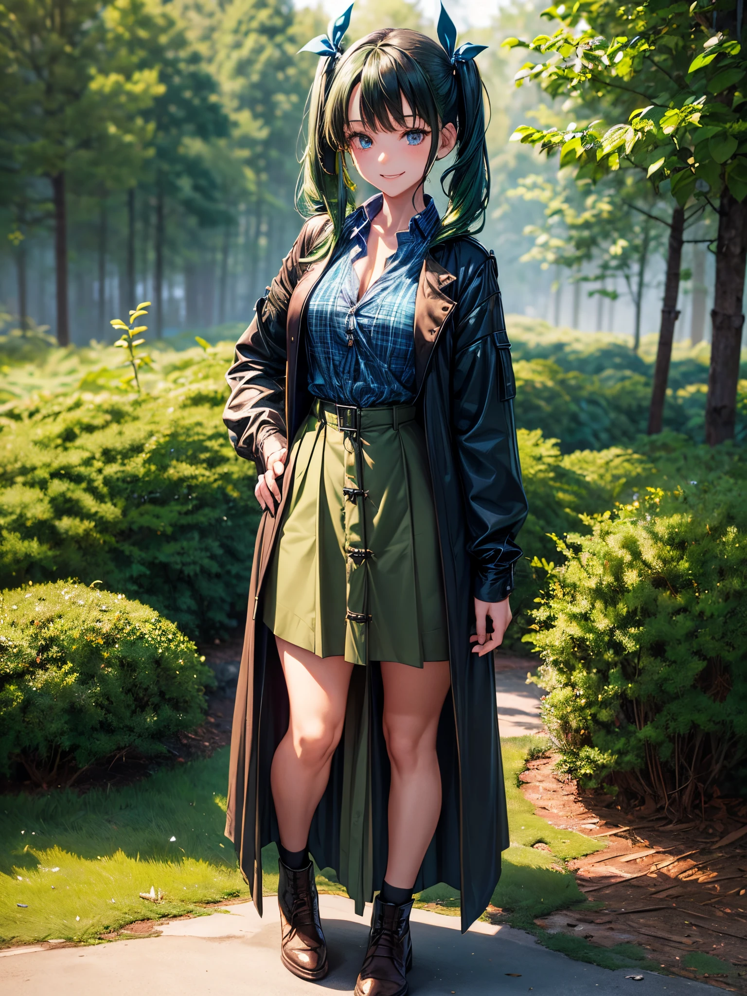 1girl, solo, ((full body)), forest, dark green hair, twintail, large breasts, ((blue button down shirt)), ((opened brown zipper jacket)), dark blue eyes, ((unbuttoned shirt)), ((long skirt)), smile, looking at the viewer, standing, hair ribbon, hand on hip