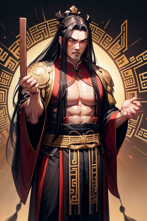 Long black hair, ancient Chinese clothing, middle-aged man, muscular, big man