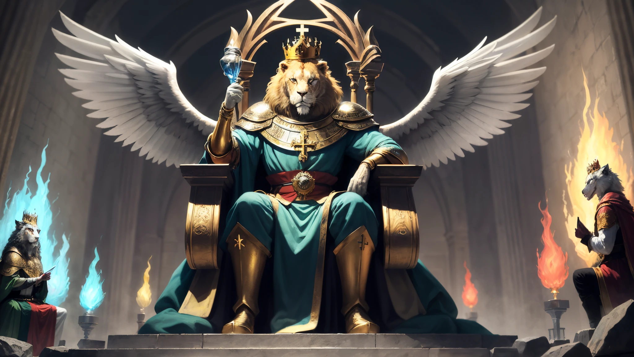 3. and he who sits is similar, no aspecto, the stone of jasper and sardonyx, e, ao redor do trono, there is a similar rainbow, no aspecto, a esmeralda.
4. Ao redor do trono, there are also twenty-four thrones, e assentados neles, twenty-four elders dressed in white, on whose heads are golden crowns.
5. Lightning comes from the throne, voices and thunder, e, diante do trono, ardem sete tochas de fogo, which are the seven Spirits of God.
6. There is a sea of glass before the throne, semelhante ao cristal, And also, in the middle of the throne and around the throne, four living beings full of eyes before and behind.
7. The first living creature is like a lion, o segundo, semelhante a novilho, o terceiro tem o rosto como de homem, and the fourth living creature is like an eagle when it flies.
8. E os quatro seres viventes, tendo cada um deles, respectivamente, seis asas, Are full of eyes, ao redor e por dentro; They have no rest, nem de dia nem de noite, proclamando: Santo, Santo, Holy is the Lord God, o Todo-Poderoso, aquele que era, what is and what is to come.
Apocalipse 4:3-8