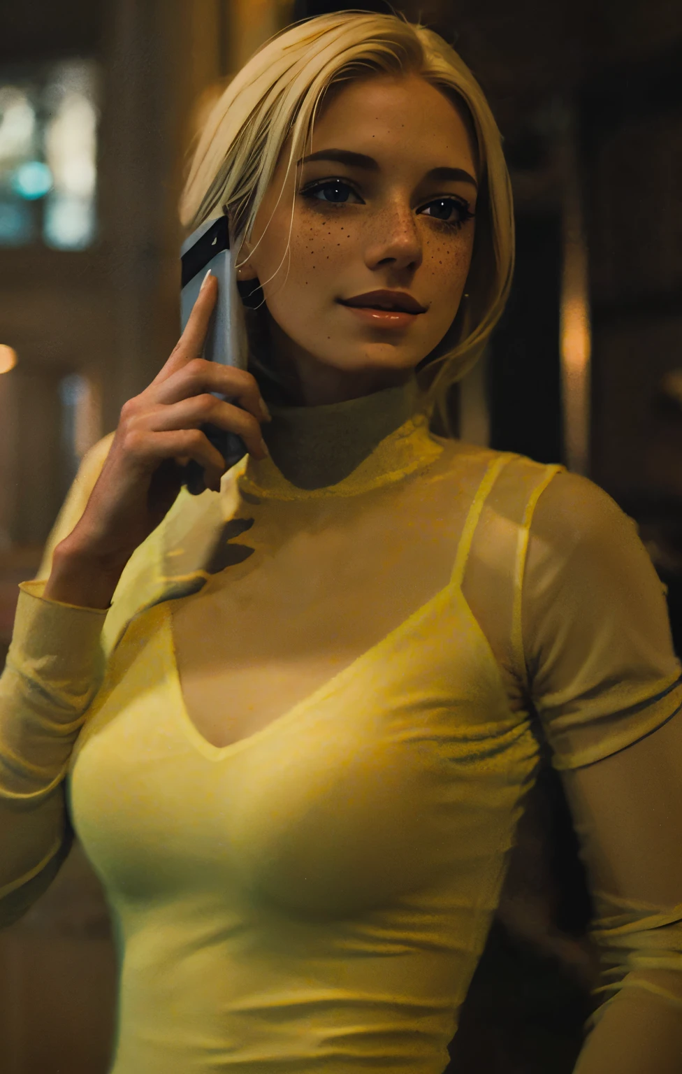 mulher, americana, 25 anos, pale skin and freckles, olhos cinzas, nariz delicado, soft and delicate lips, Cabelo blondie cinza longo e ondulados, sorriso meigo