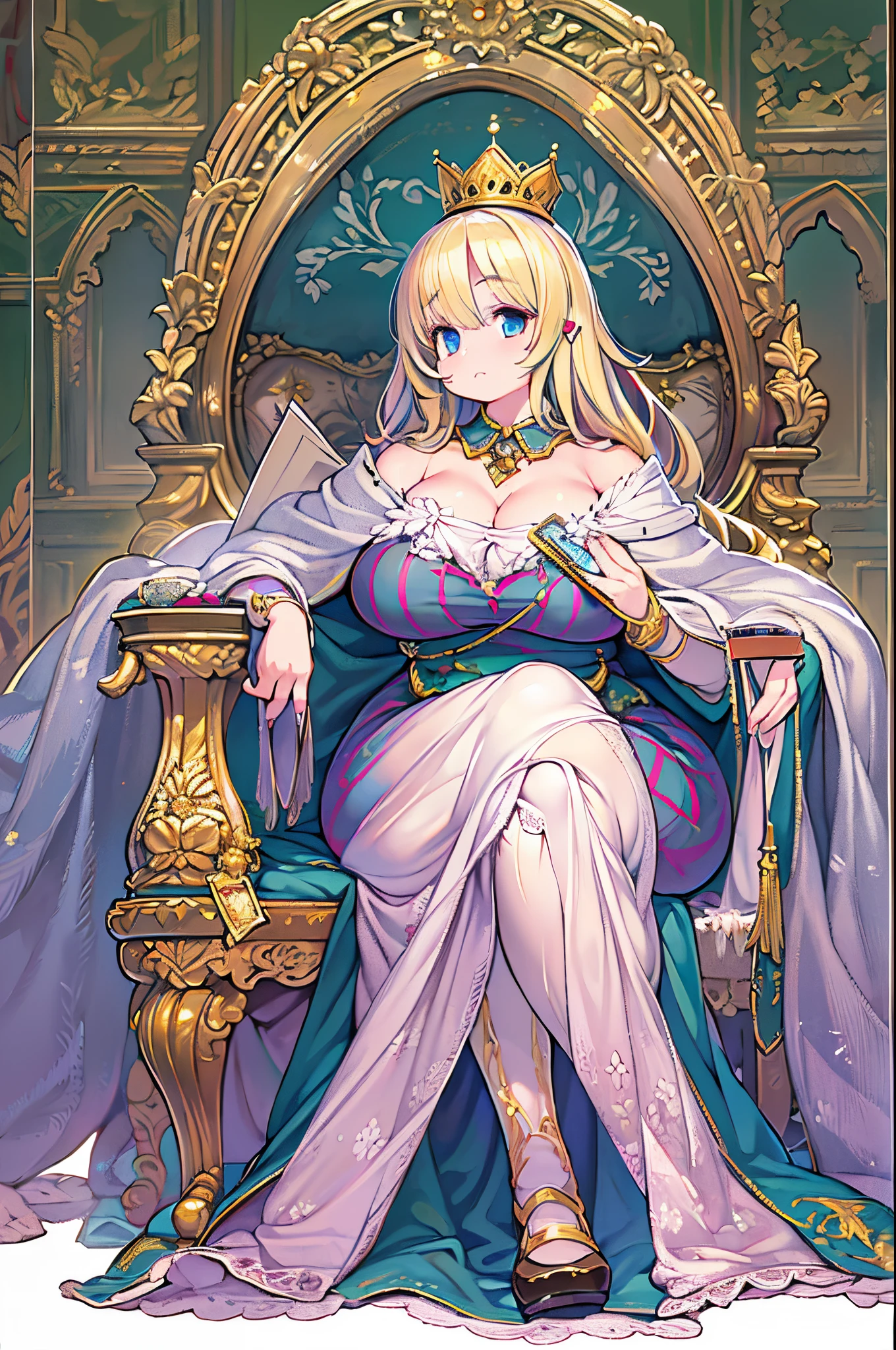 (masutepiece: 1.2, Best Quality), Realistic, (Realistic image, intricate-detail, depth of fields), Best Quality, masutepiece, Highly detailed, semi - realistic, 1 girl, maturefemale, 21 years old, a blond, Shoulder length shorthair, Left eye covered with hair, Blue eyes, King's clothes, red cloak, slim figure, Crown made of precious gold, Reading Documents, Marking documents, Goose Hair Pen, Office Table, Soft bench, palatial palace, in the palace, During the Middle Ages,huge-breasted、bbw