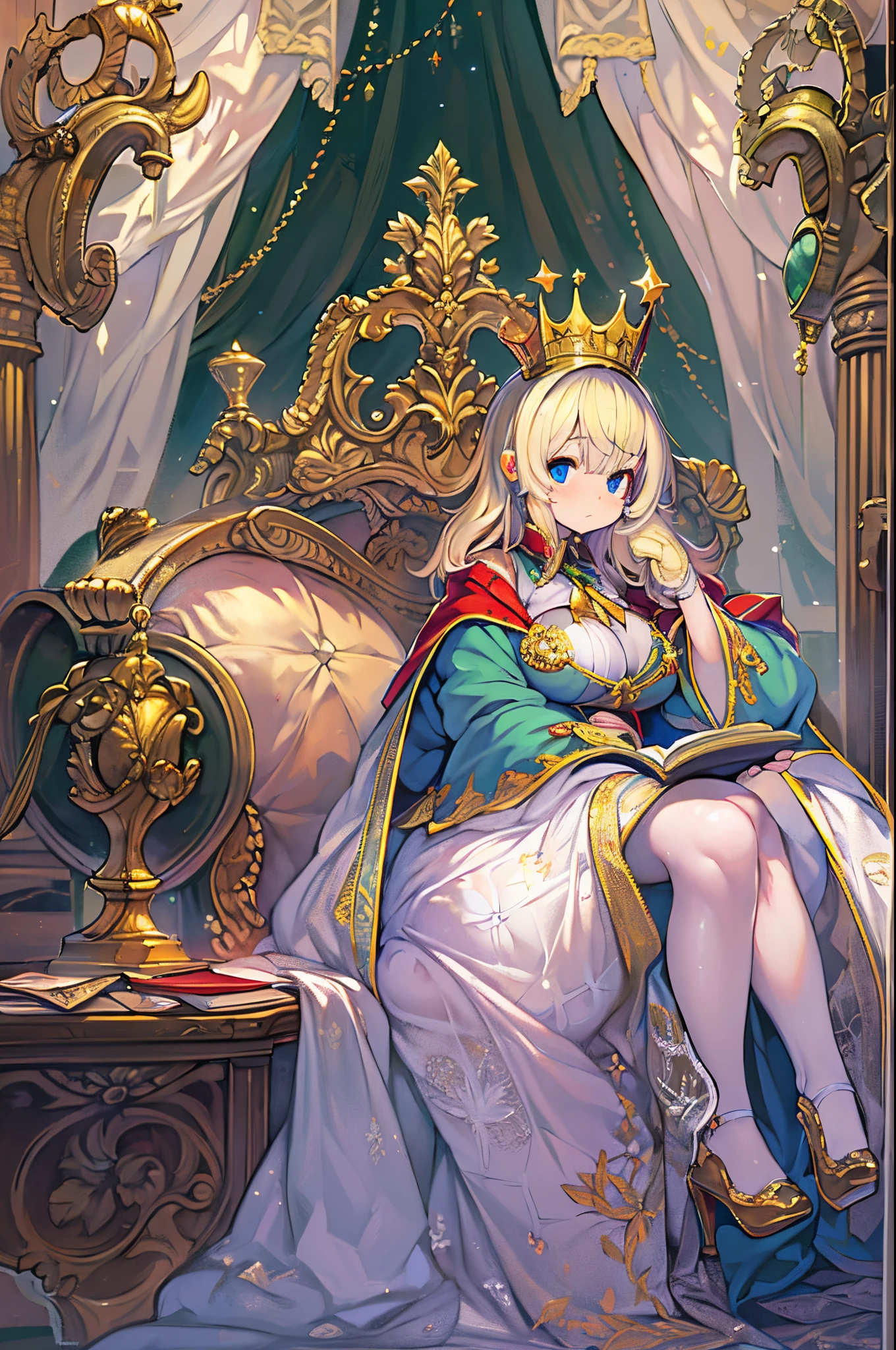(masutepiece: 1.2, Best Quality), Realistic, (Realistic image, intricate-detail, depth of fields), Best Quality, masutepiece, Highly detailed, semi - realistic, 1 girl, maturefemale, 21 years old, a blond, Shoulder length shorthair, Left eye covered with hair, Blue eyes, King's clothes, red cloak, slim figure, Crown made of precious gold, Reading Documents, Marking documents, Goose Hair Pen, Office Table, Soft bench, palatial palace, in the palace, During the Middle Ages,huge-breasted、bbw