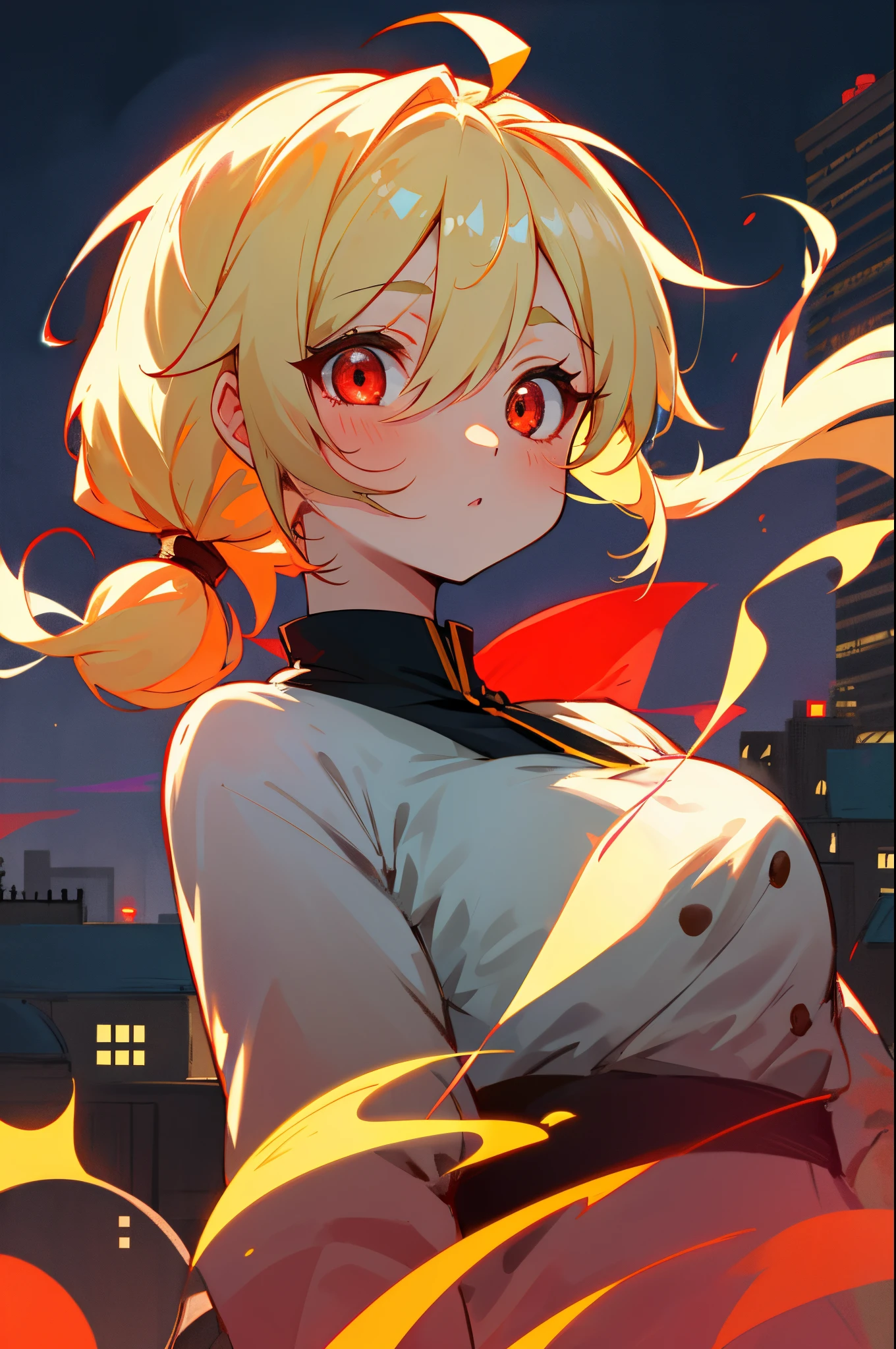 1girll、独奏、colourfull、Perfect face、Blonde ponytail、Ahoge、big round red eyes、small tits、building rooftop、Night view、lensflare、effect