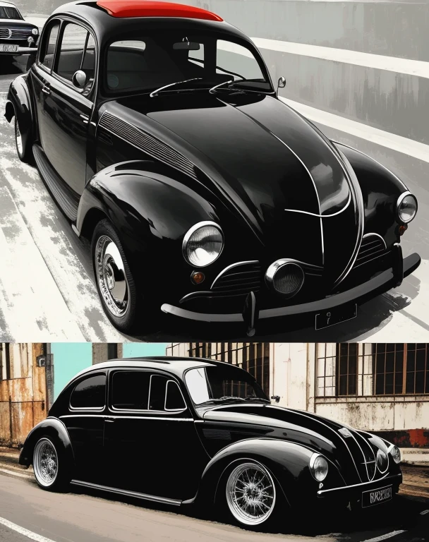there are two photos of a black car with a red top, Inspirado no besouro, besouro, Corpo largo, pintura digital altamente detalhada, VectorArt detalhado, alto detalhe e alto contraste, carro preto, parece diferente, Mercedes e Volkswagen, arte vetorial altamente detalhada, pintura digital de alta qualidade, postprocessed), efeito retro, in illustration style digital, fotorrealista!!!!!!! estilo de arte
