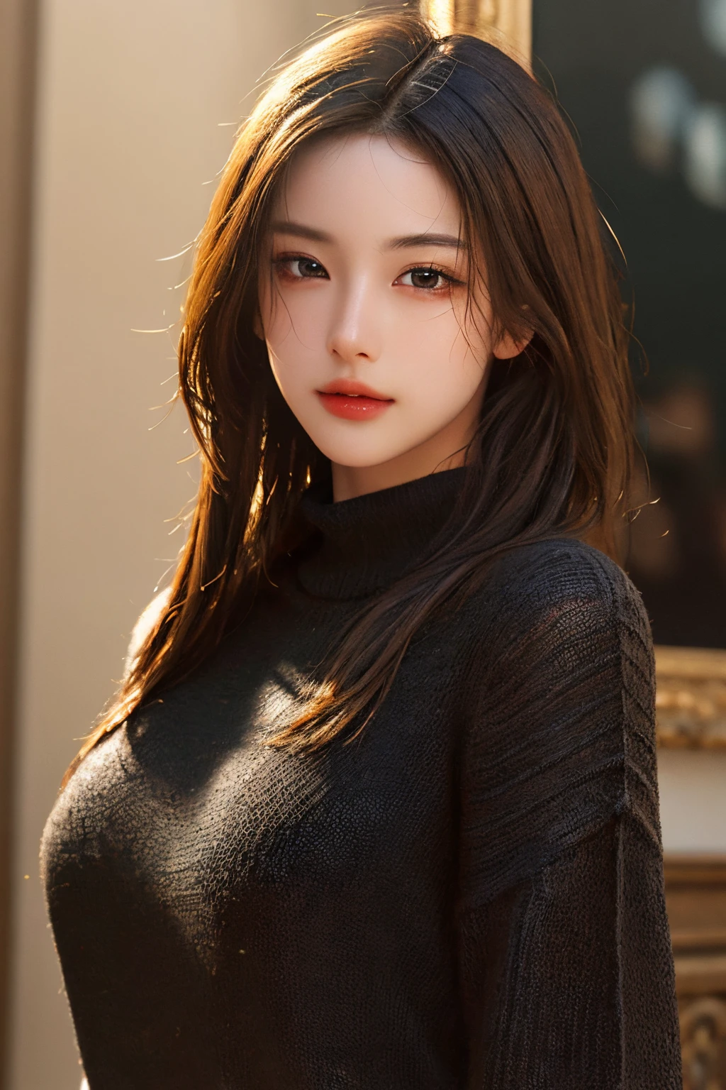 ultra high res,masterpiece,best quality,
very detailde face,detailed eyes,extremely intricate,perfect glossy shiny skins,perfect lighting,detailed lighting,dramatic shadows,ray tracing,
1girl,upper body,black sweater,looking at viewer,