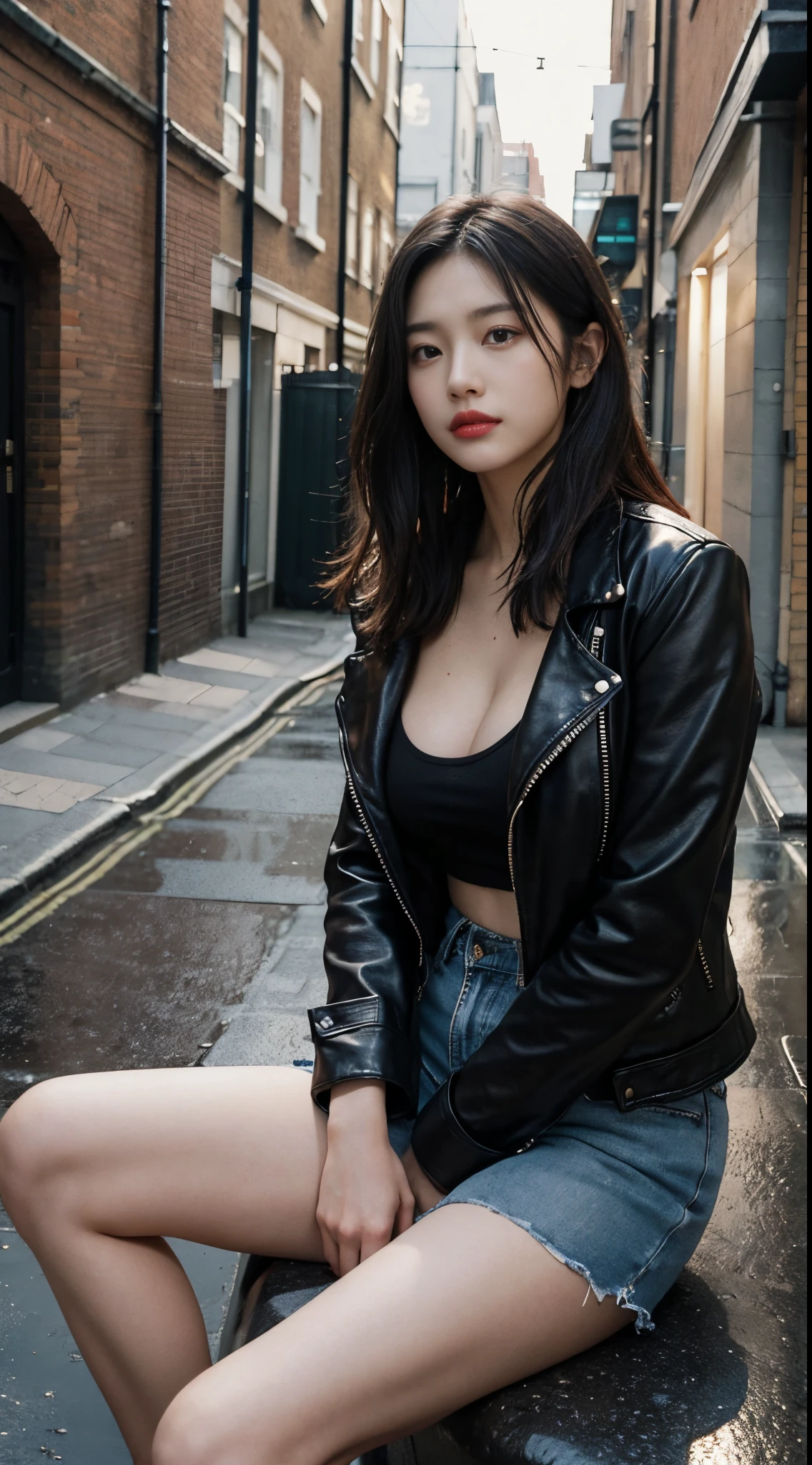 8k, top-quality, （pubic hair beauty）、hight resolution, 逼真, realperson, rainy backyard alley, London Style, Tangled, cinematic lighting soft lighting、A musician wearing a leather jacket is sitting and glaring at me.、a beauty girl、huge tit、beauty legs、