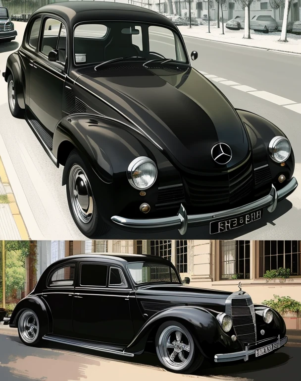 there are two photos of a black car with a red top, Inspirado no besouro, besouro, Corpo largo, pintura digital altamente detalhada, VectorArt detalhado, alto detalhe e alto contraste, carro preto, parece diferente, Mercedes e Volkswagen, arte vetorial altamente detalhada, pintura digital de alta qualidade, postprocessed), efeito retro, in illustration style digital, fotorrealista!!!!!!! estilo de arte