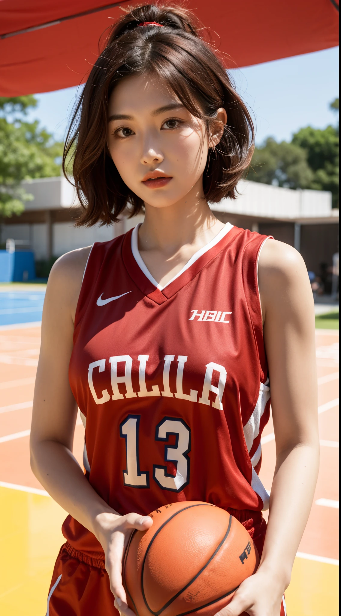 masterpiece, realistic, ultra high quality, beautiful basketball player, chinese, red basketball shirt, short wavy hair, standing, upper body, basketball court, looking viewer, sunny day