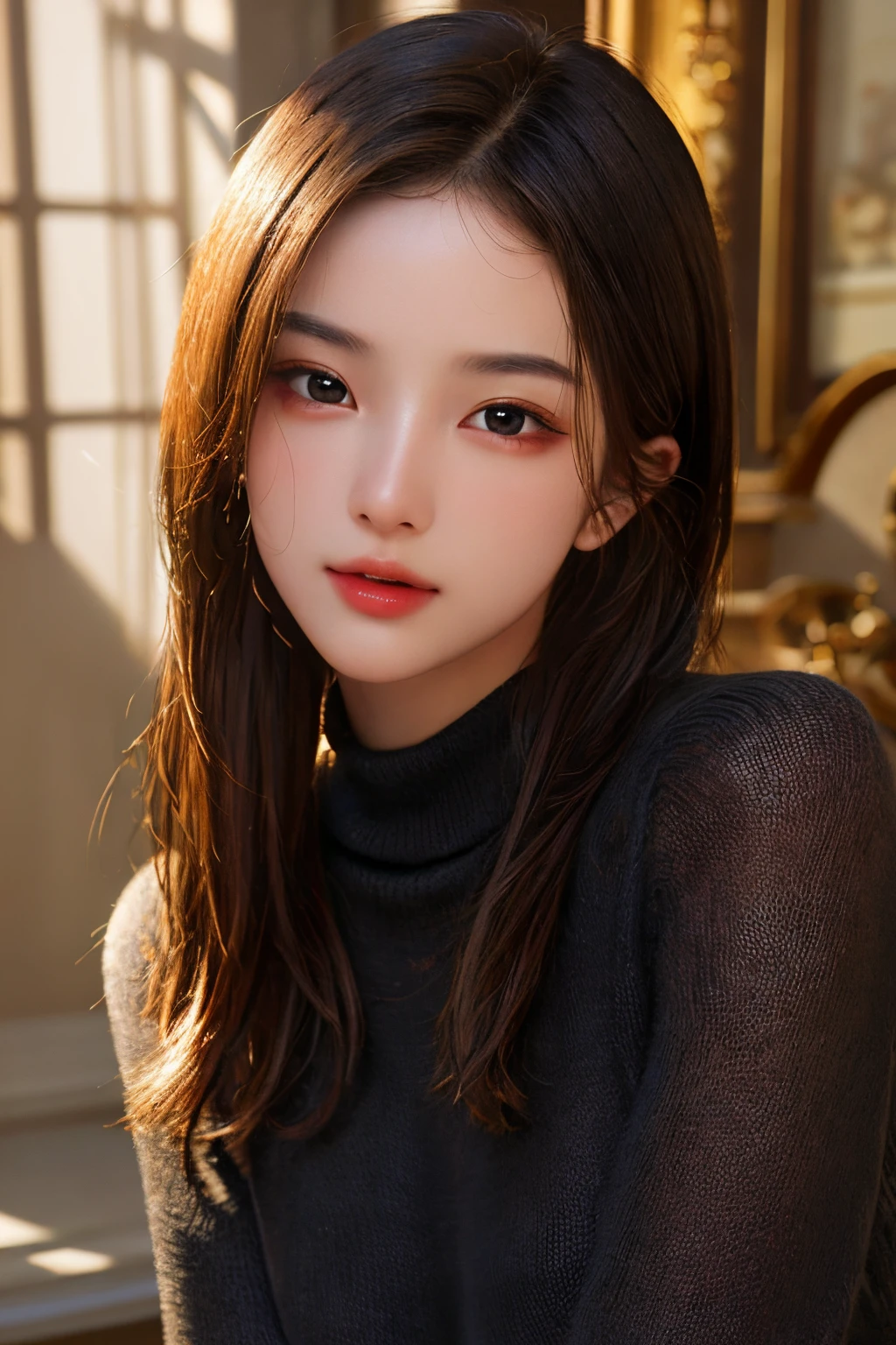 ultra high res,masterpiece,best quality,
very detailde face,detailed eyes,extremely intricate,perfect glossy shiny skins,perfect lighting,detailed lighting,dramatic shadows,ray tracing,
1girl,upper body,black sweater,looking at viewer,