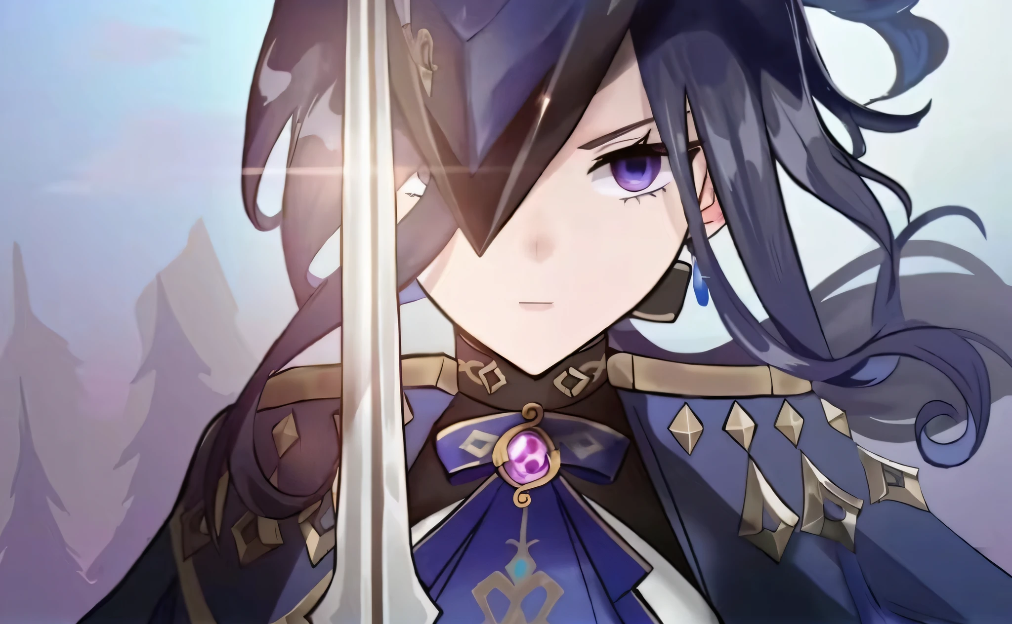 Anime girl with blue eyes and purple skirt holding sword, Ayaka Genshin impact, Genshin impact's character, A scene from the《Brave Breach II》, from the night of the ark, black-haired mage, the original god, video game genshin impact, Shalltear Blood Demon, Satya from Overlord, grand order of destiny, ayaka game genshin impact, genshin impact
